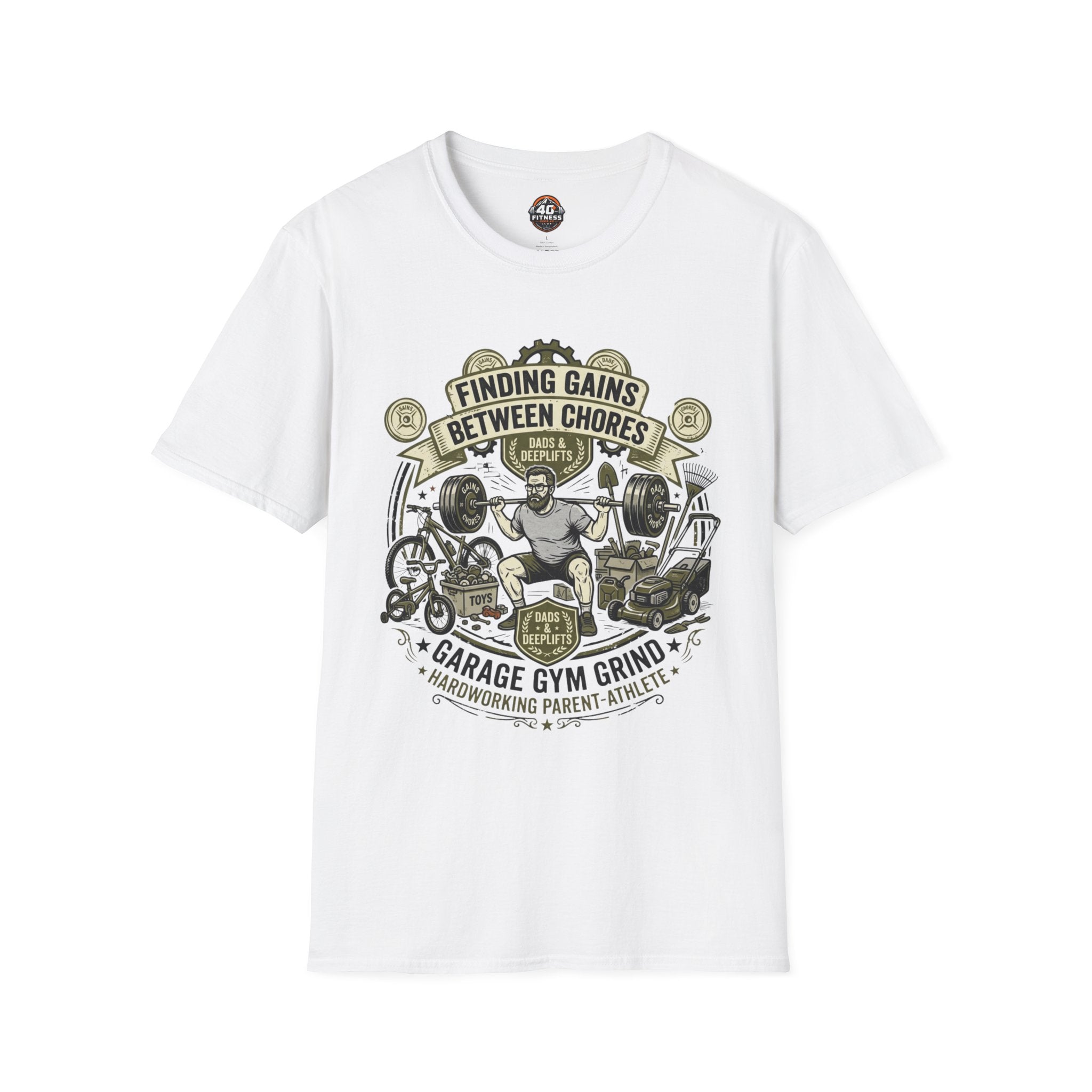 Finding Gains Between Chores T-Shirt — Dad & Home Gym Weightlifting Tee