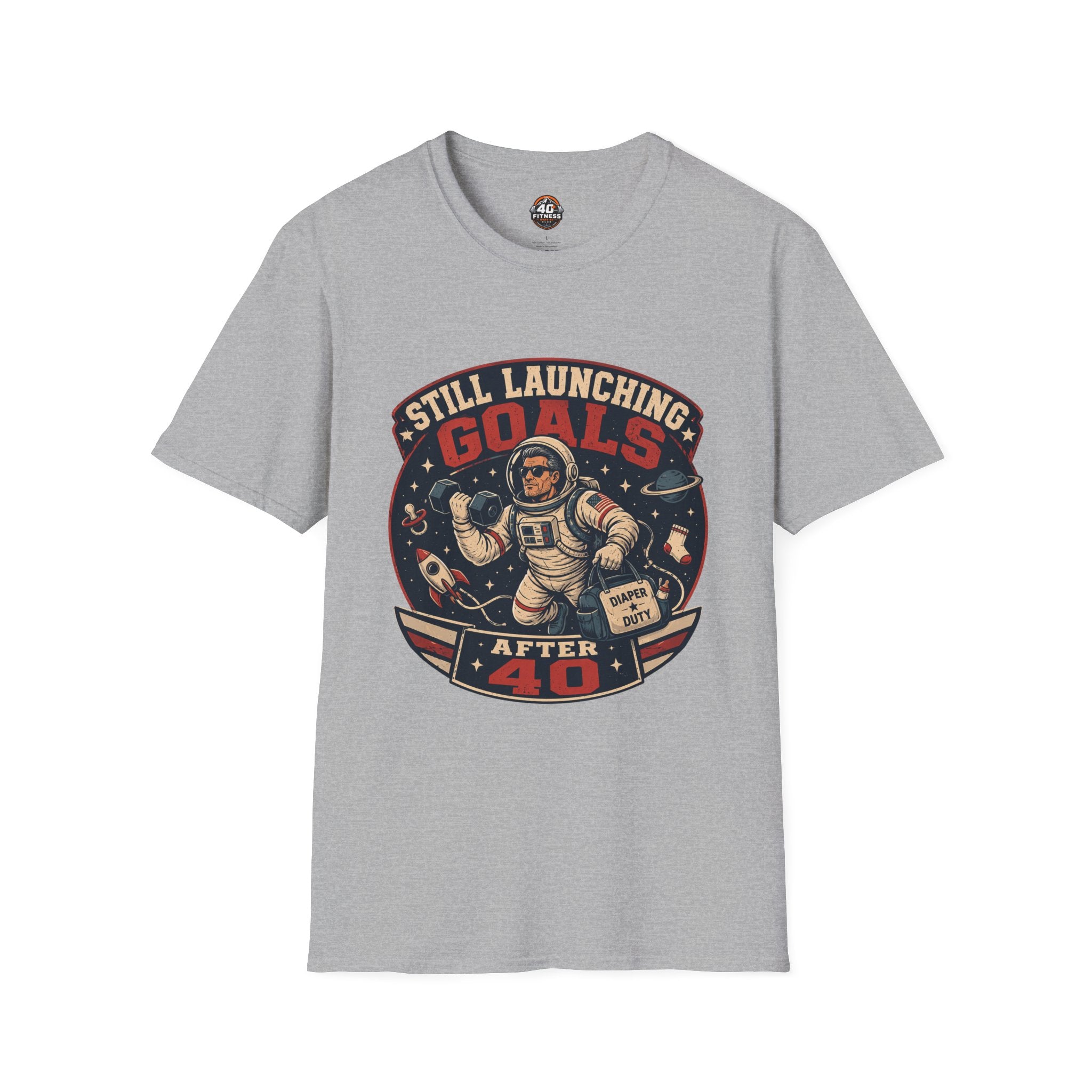 T-Shirt — "Still Launching Goals After 40" Astronaut Graphic Tee
