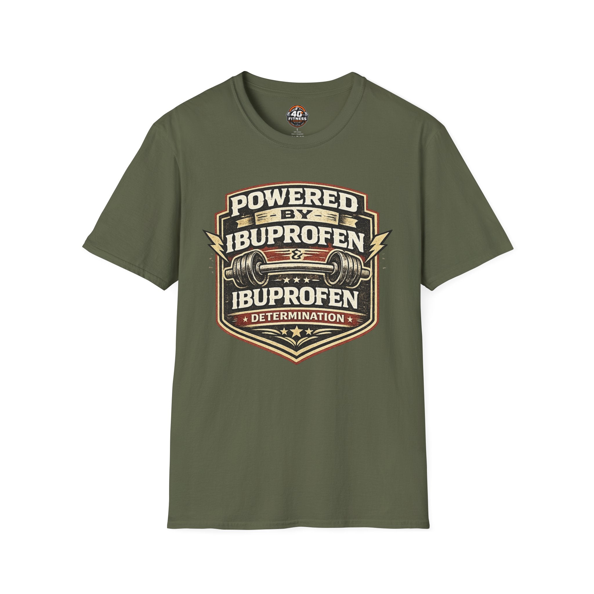 T-Shirt — "Powered by Ibuprofen" Funny Gym & Recovery Tee