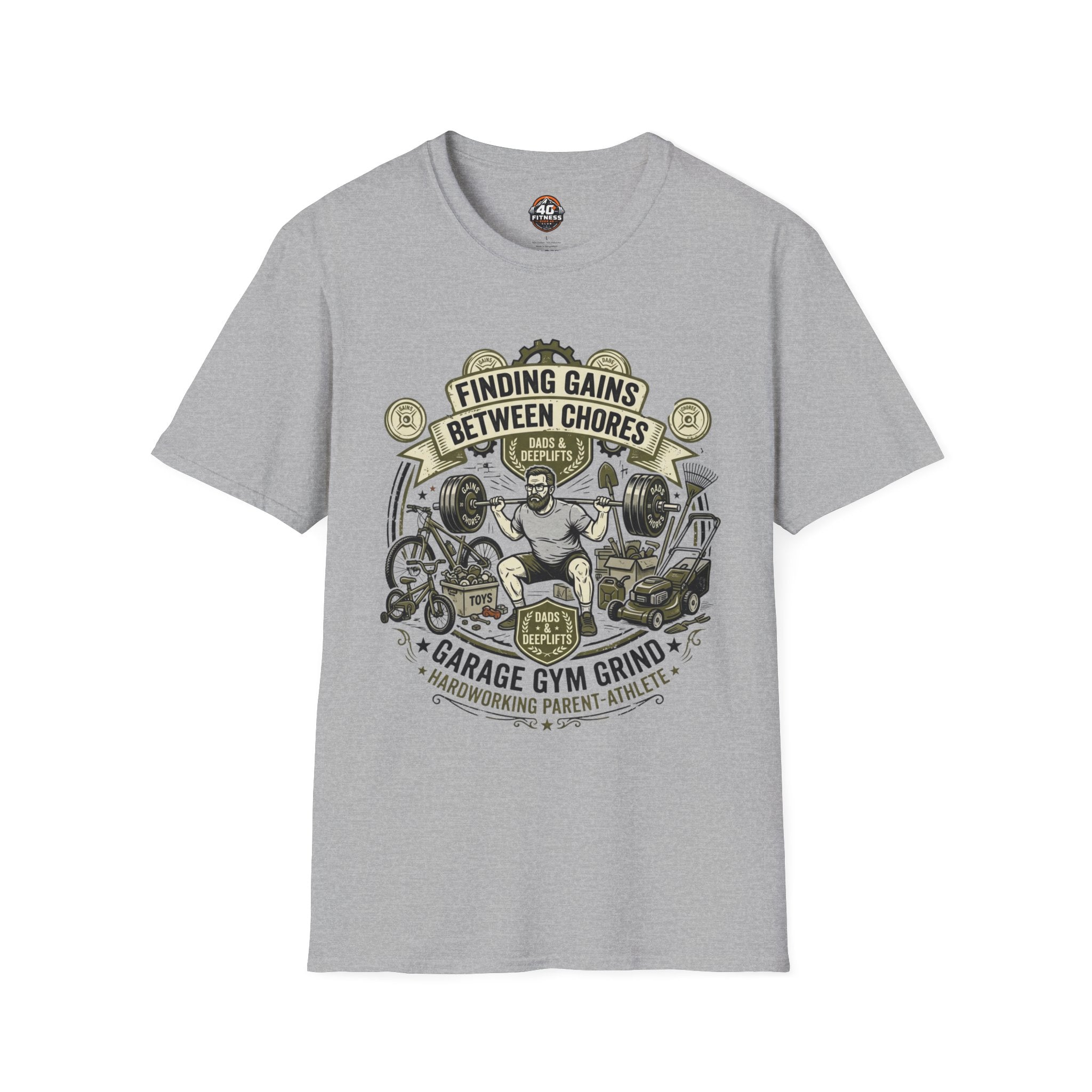 Finding Gains Between Chores T-Shirt — Dad & Home Gym Weightlifting Tee