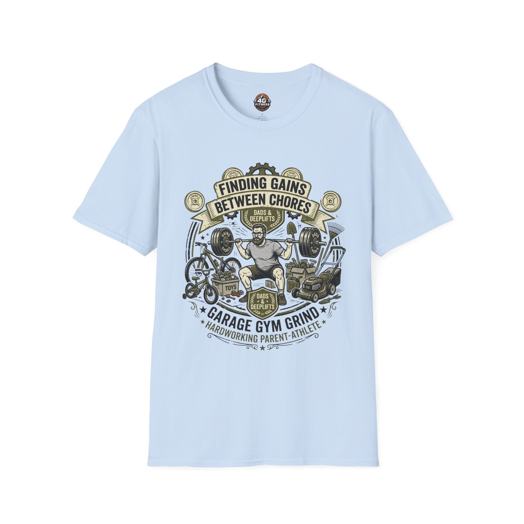 Finding Gains Between Chores T-Shirt — Dad & Home Gym Weightlifting Tee