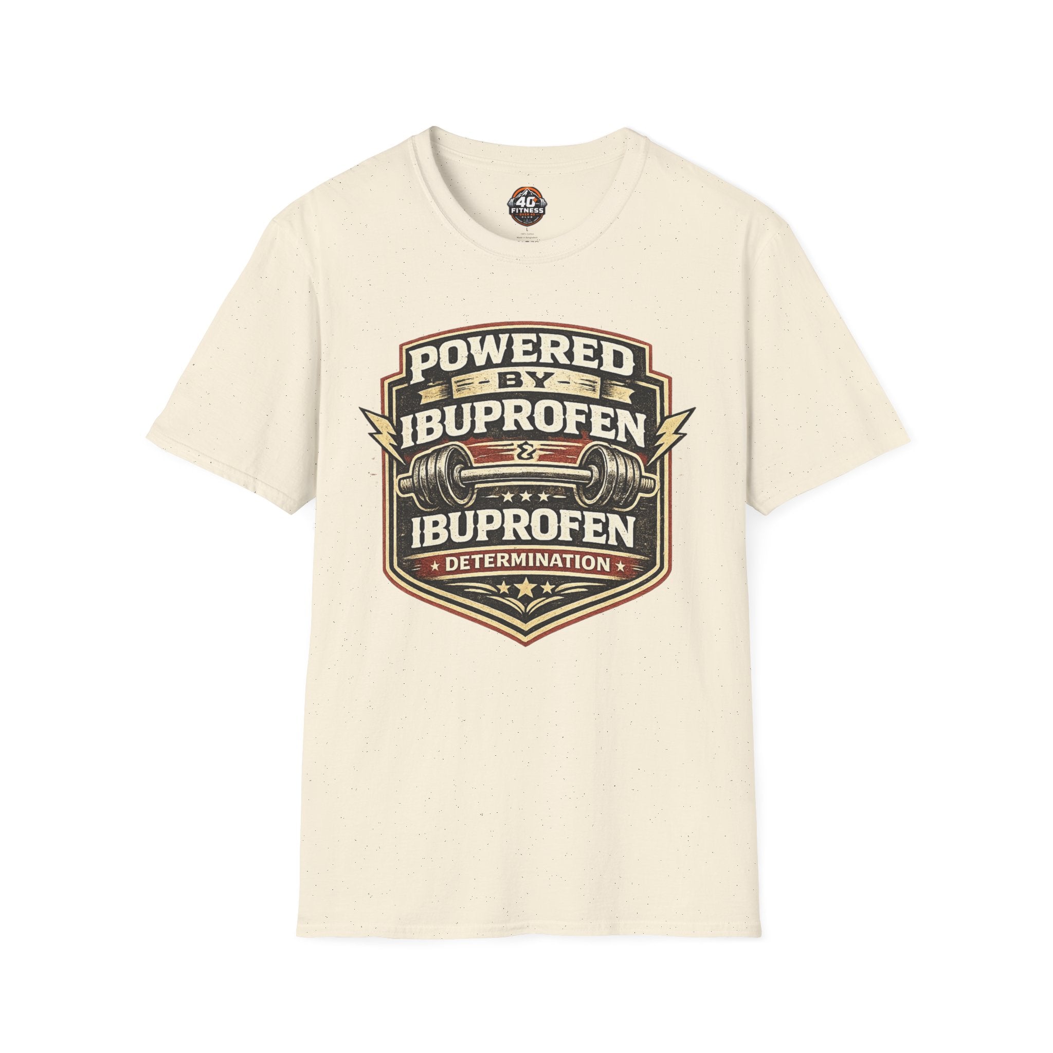 T-Shirt — "Powered by Ibuprofen" Funny Gym & Recovery Tee