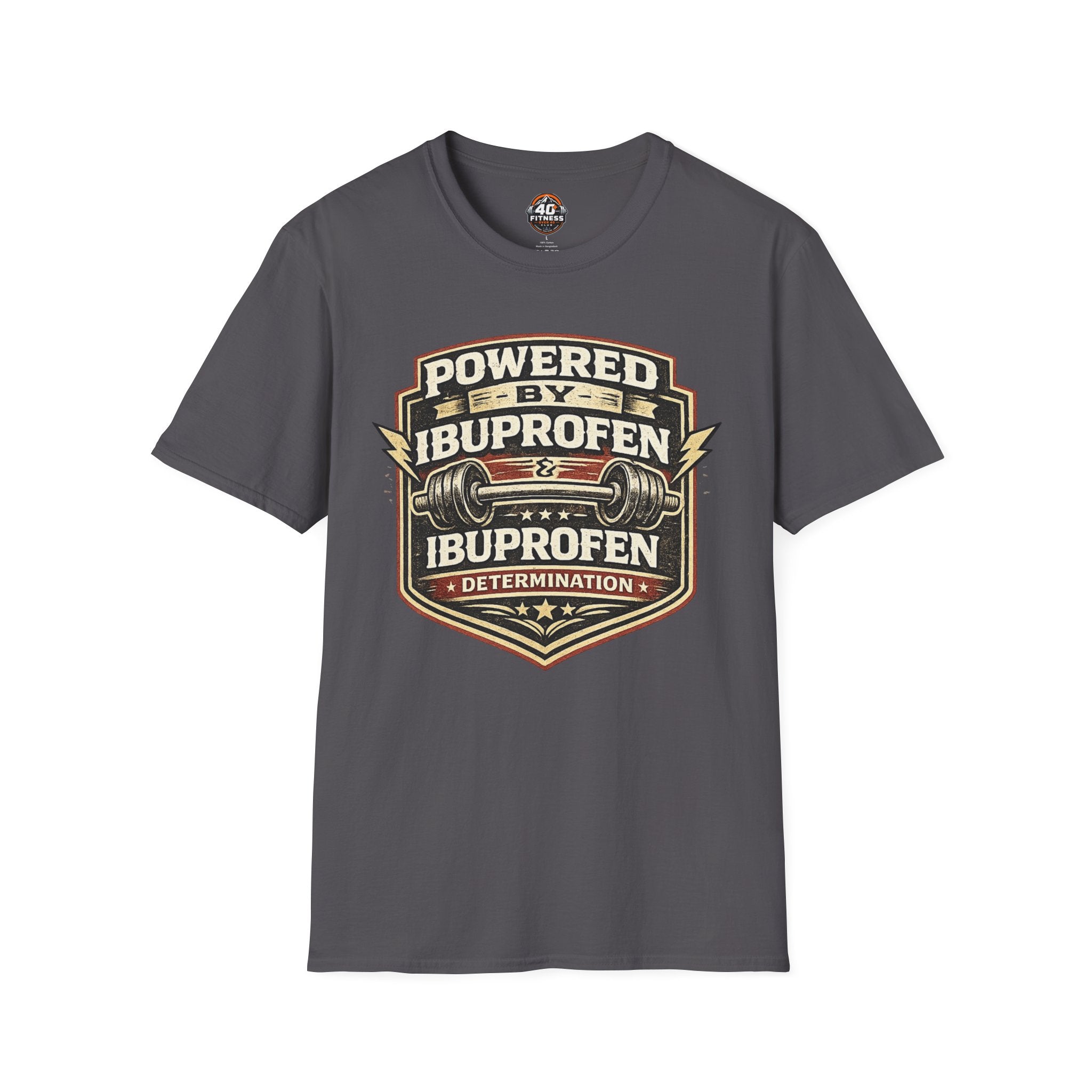 T-Shirt — "Powered by Ibuprofen" Funny Gym & Recovery Tee