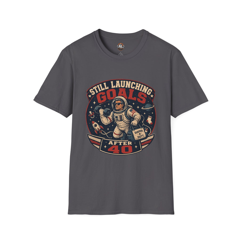 T-Shirt — "Still Launching Goals After 40" Astronaut Graphic Tee
