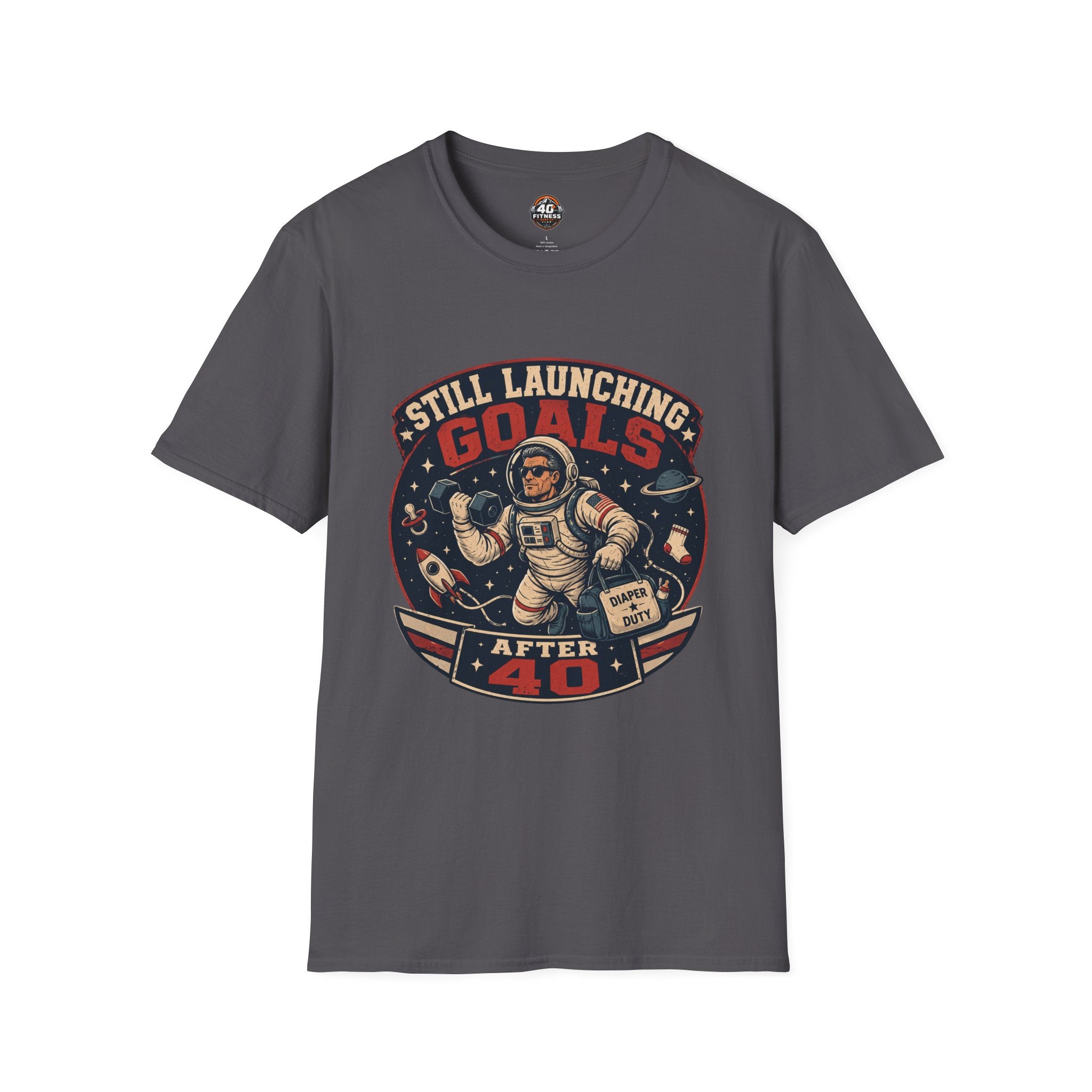 T-Shirt — "Still Launching Goals After 40" Astronaut Graphic Tee