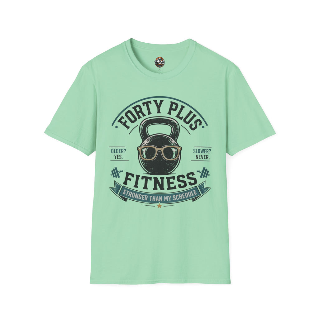 Forty Plus Fitness T-Shirt — Vintage Kettlebell 'Older? Yes. Slower? Never