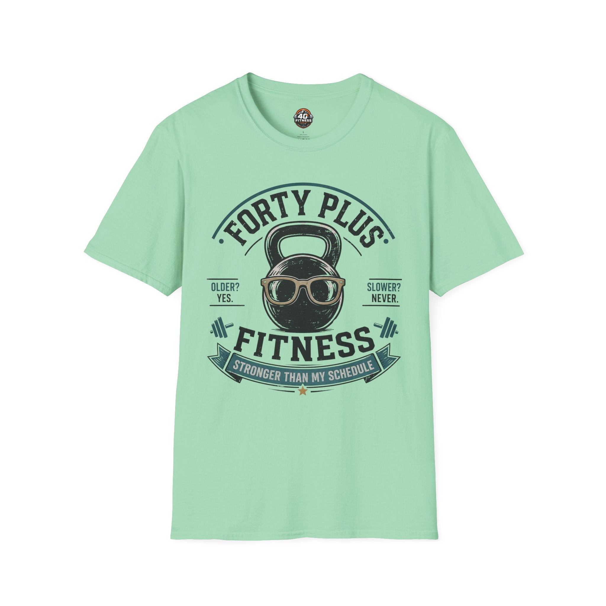 Forty Plus Fitness T-Shirt — Vintage Kettlebell 'Older? Yes. Slower? Never