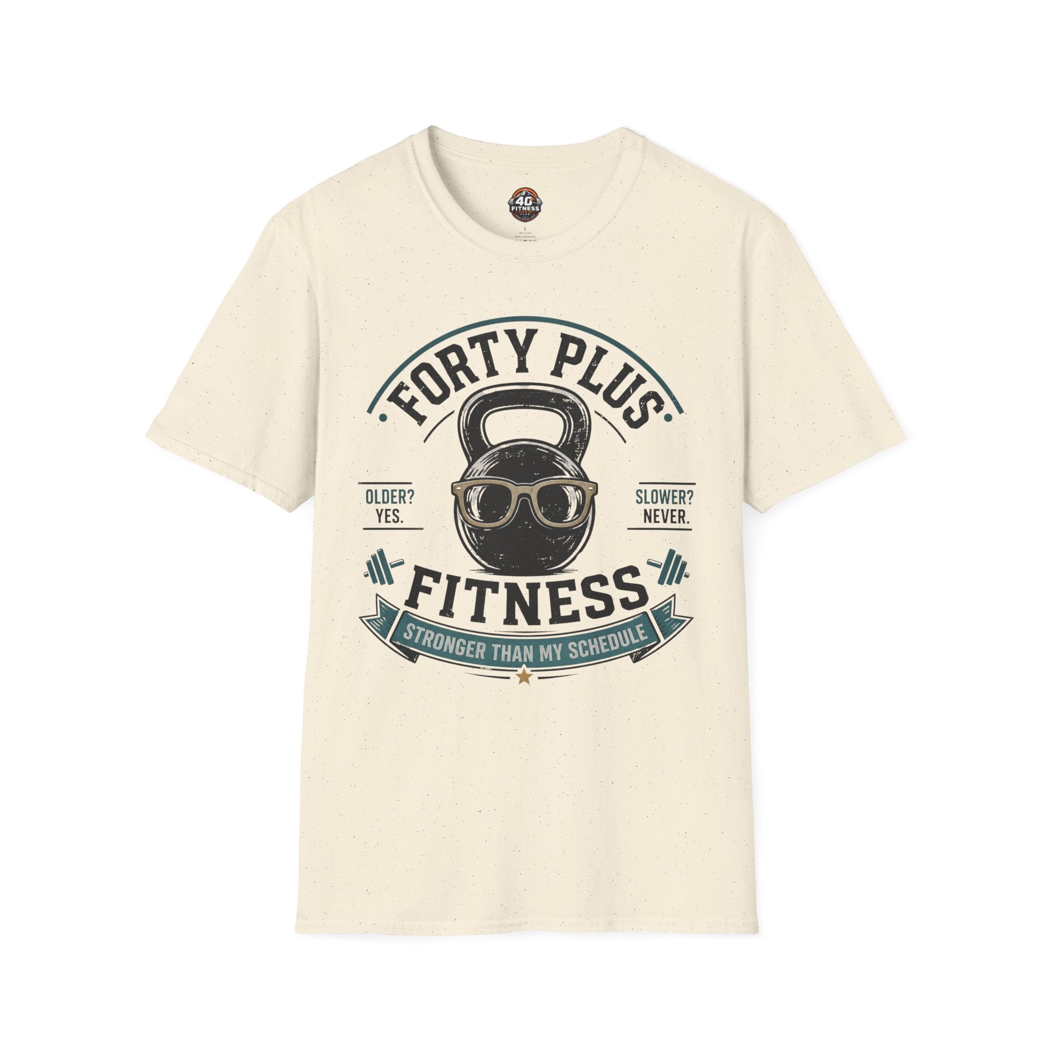 Forty Plus Fitness T-Shirt — Vintage Kettlebell 'Older? Yes. Slower? Never