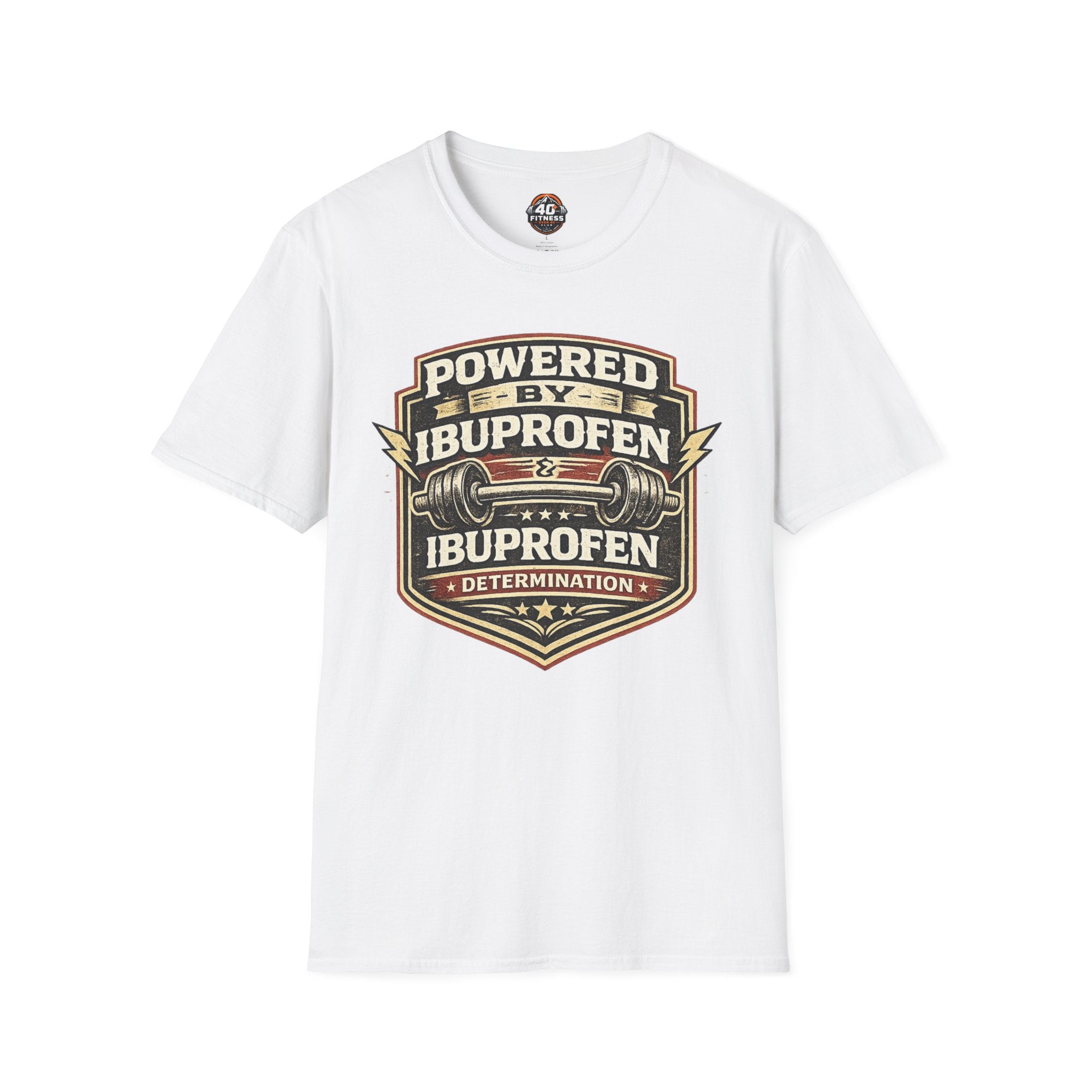 T-Shirt — "Powered by Ibuprofen" Funny Gym & Recovery Tee