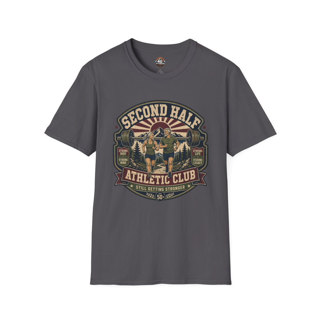 Second Half Athletic Club T-Shirt — Vintage Fitness Graphic Tee for Active Adults