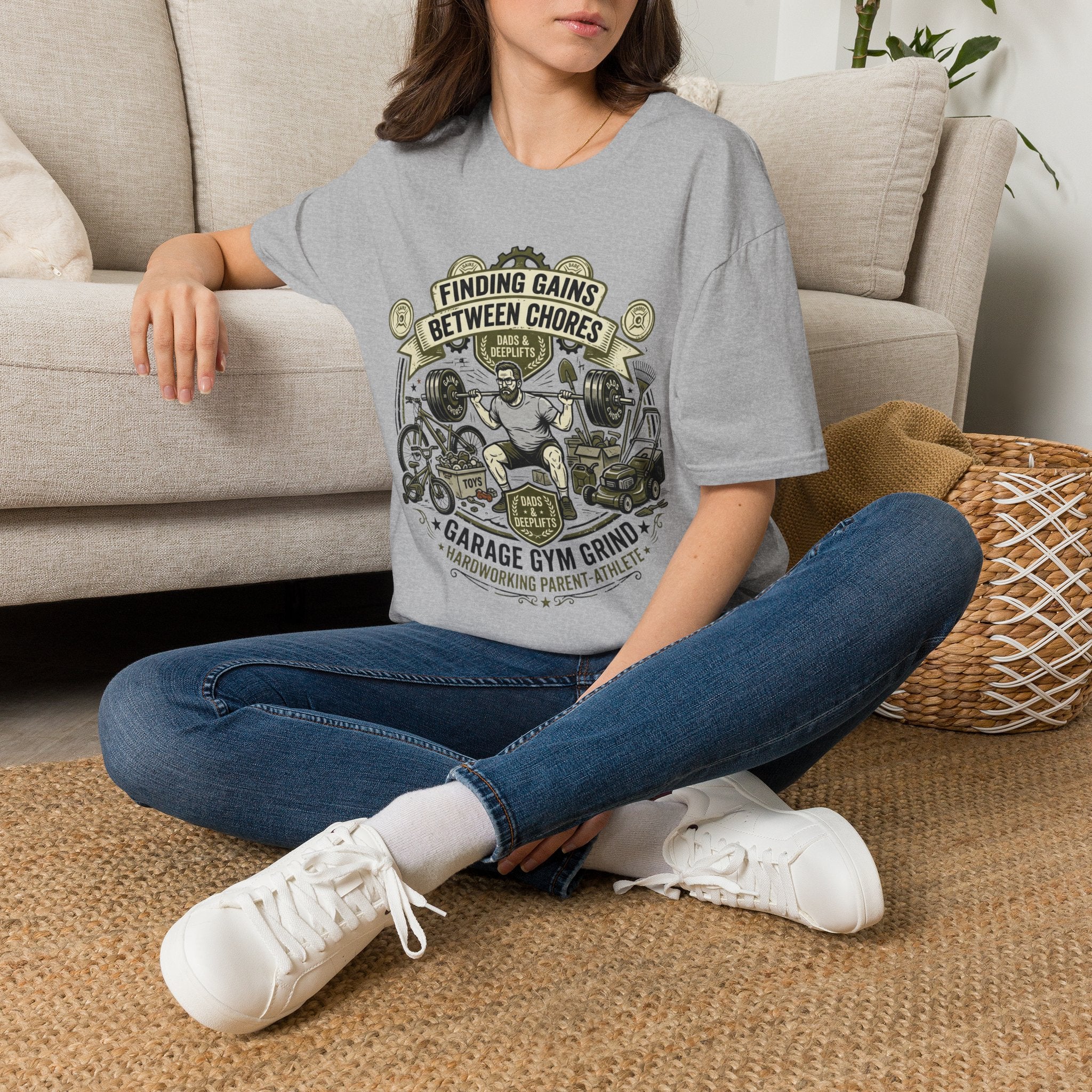 Finding Gains Between Chores T-Shirt — Dad & Home Gym Weightlifting Tee