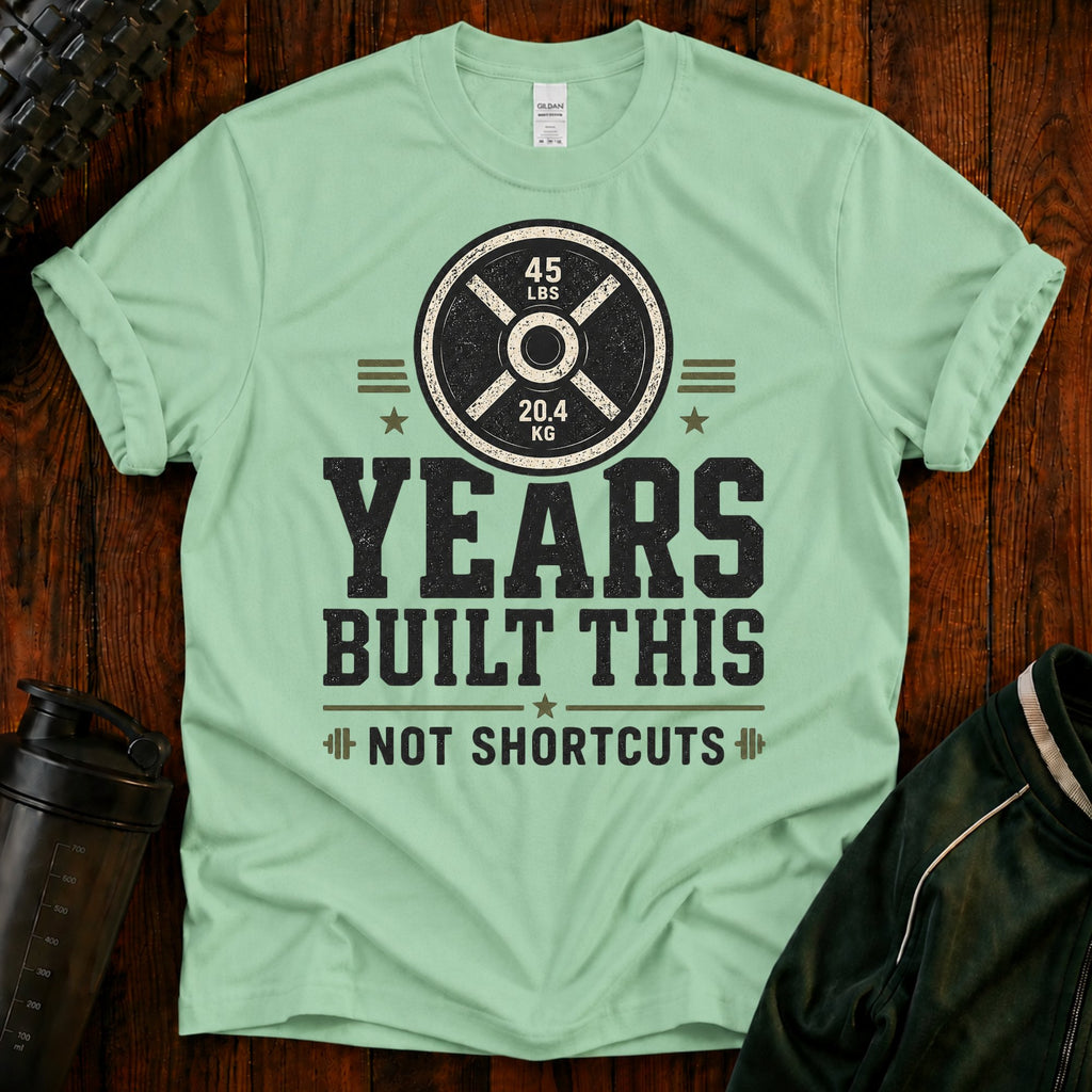 Fitness T-Shirt — “Years Built This, Not Shortcuts” Weightlifting Plate Tee