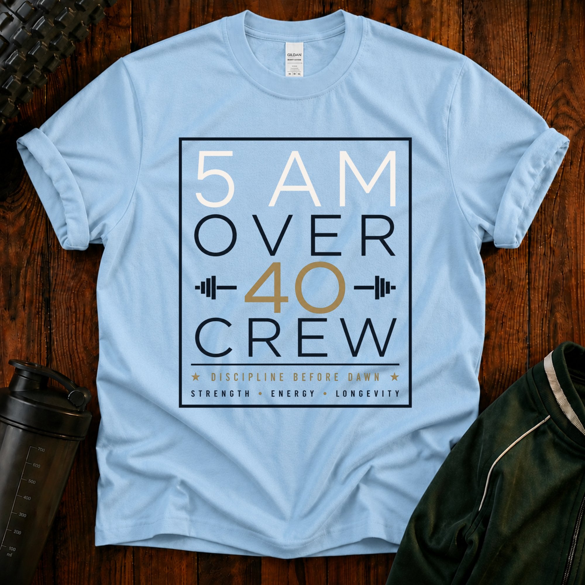 5 AM Over 40 Crew T-Shirt — Motivational Early Riser Fitness Tee