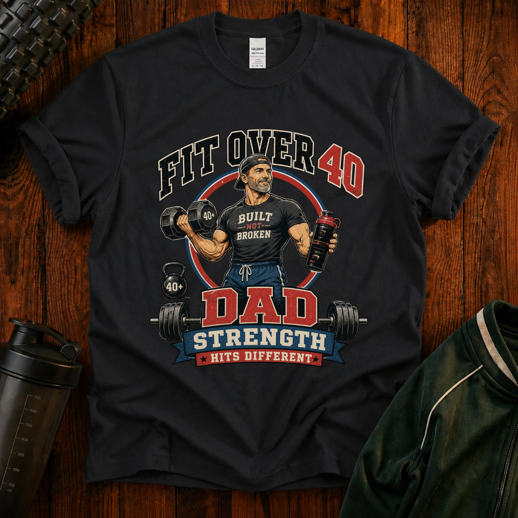 Fit Over 40 Dad Strength T-Shirt — Built Not Broken Fitness Tee