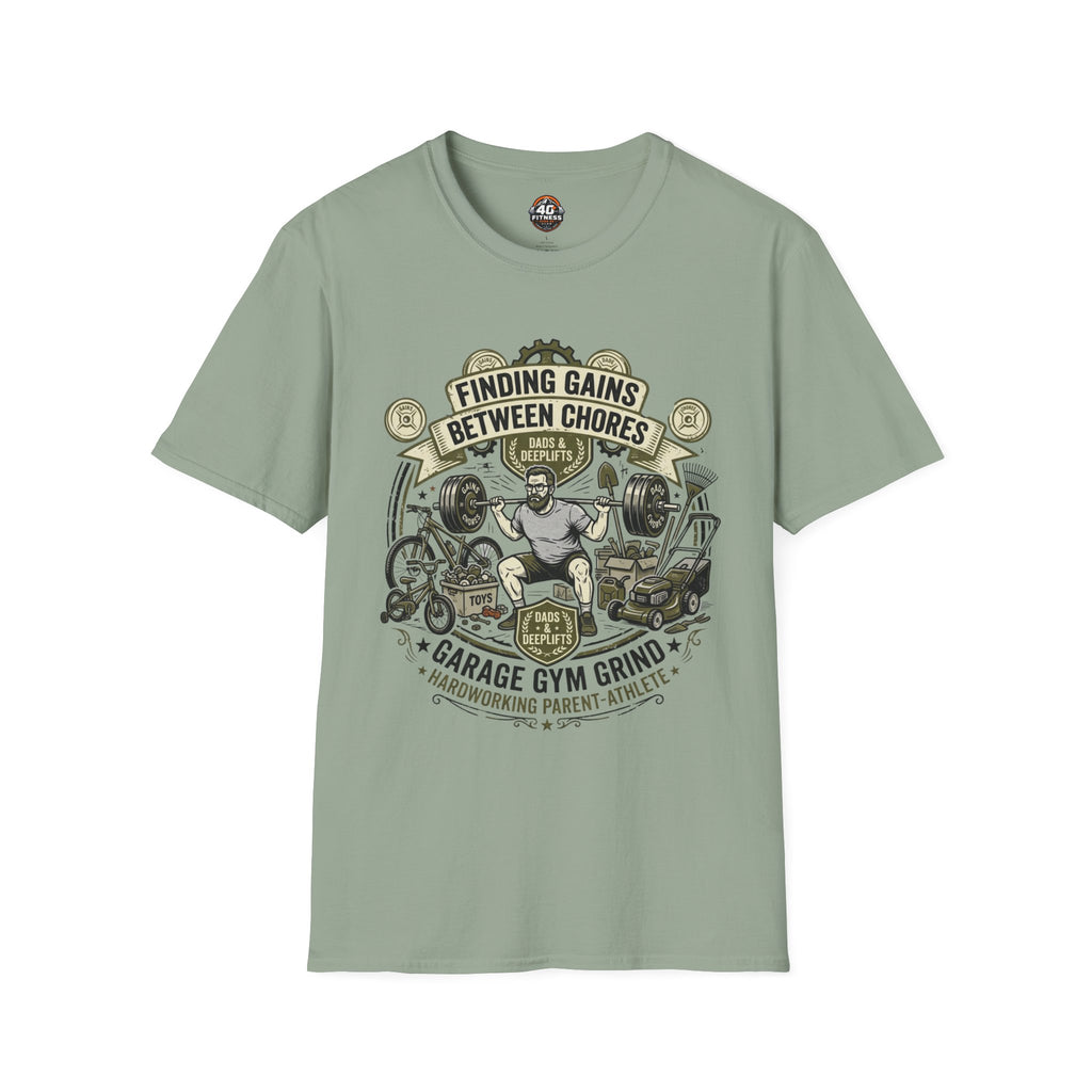 Finding Gains Between Chores T-Shirt — Dad & Home Gym Weightlifting Tee