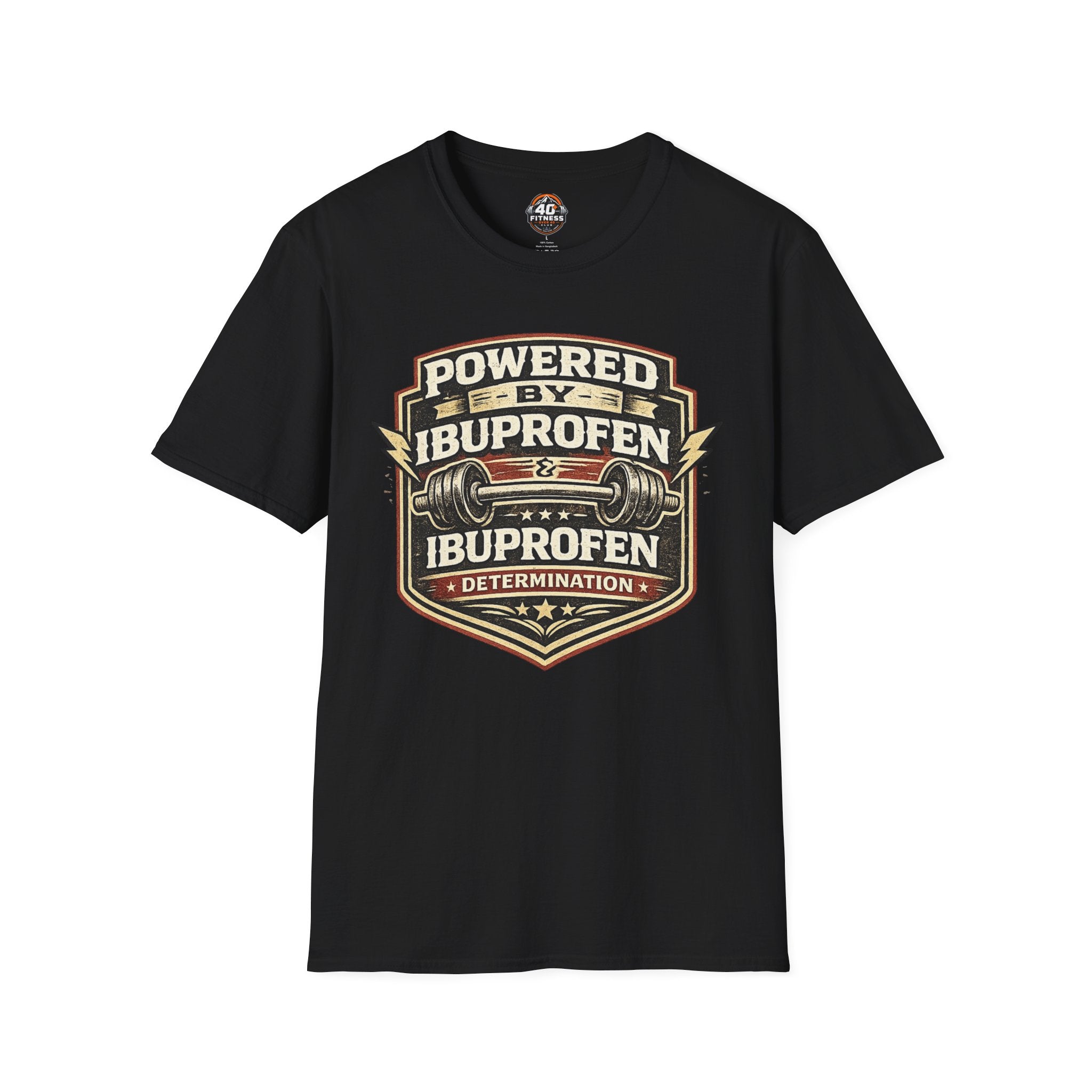 T-Shirt — "Powered by Ibuprofen" Funny Gym & Recovery Tee