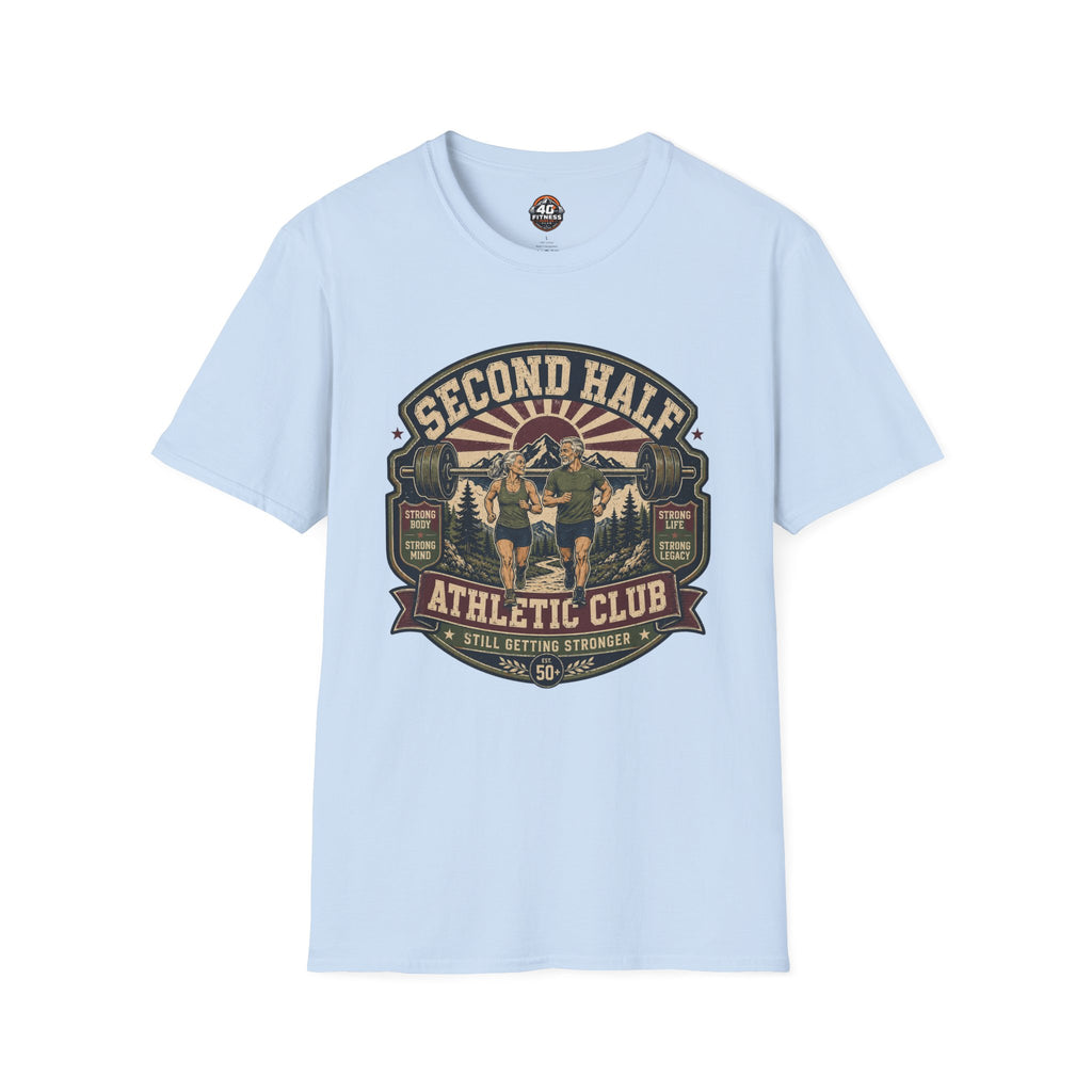 Second Half Athletic Club T-Shirt — Vintage Fitness Graphic Tee for Active Adults