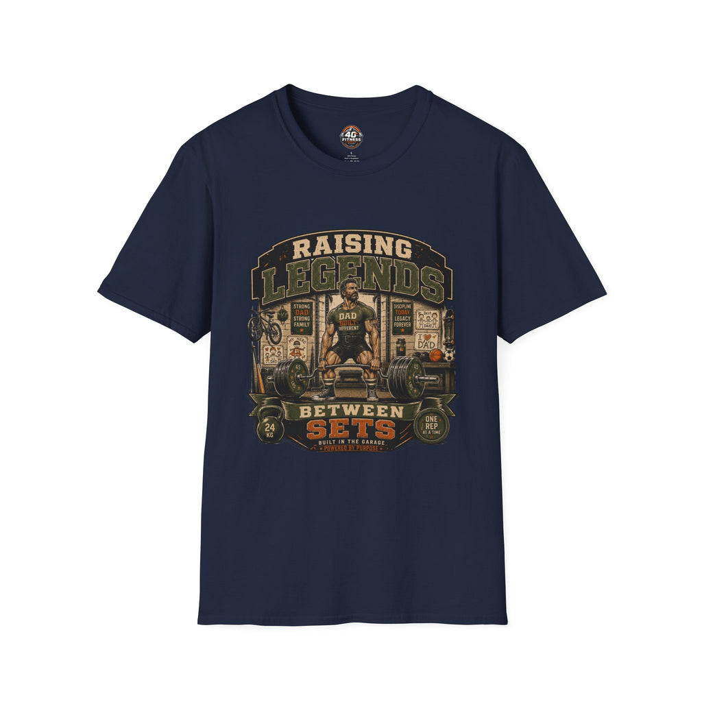 Raising Legends Dad Tee — "Raising Legends Between Sets" Vintage Gym Fatherhood T-Shirt