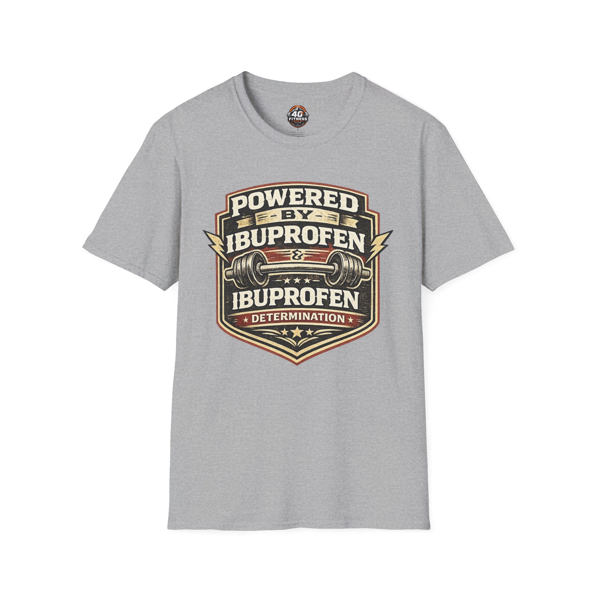 T-Shirt — "Powered by Ibuprofen" Funny Gym & Recovery Tee