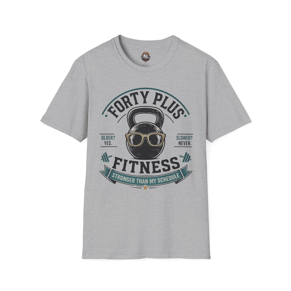 Forty Plus Fitness T-Shirt — Vintage Kettlebell 'Older? Yes. Slower? Never