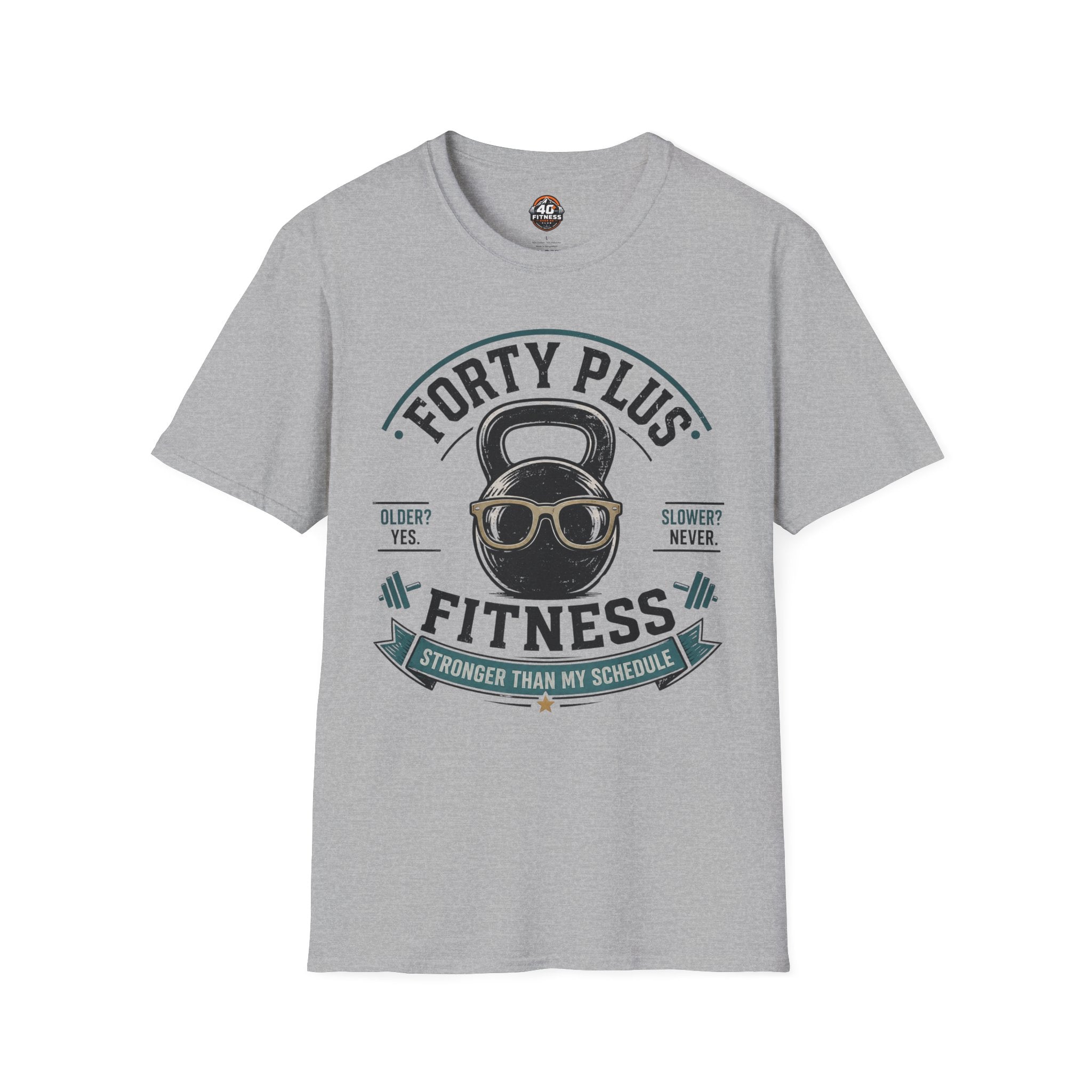 Forty Plus Fitness T-Shirt — Vintage Kettlebell 'Older? Yes. Slower? Never