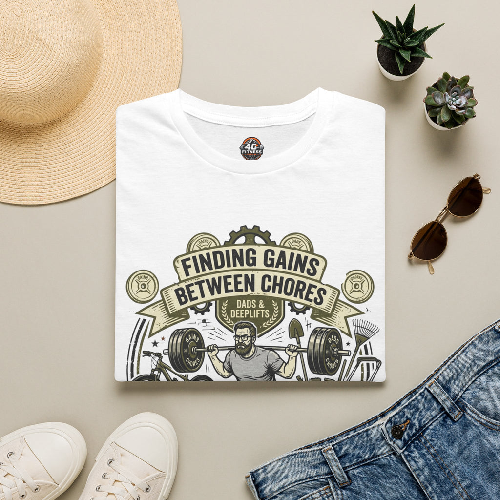 Finding Gains Between Chores T-Shirt — Dad & Home Gym Weightlifting Tee