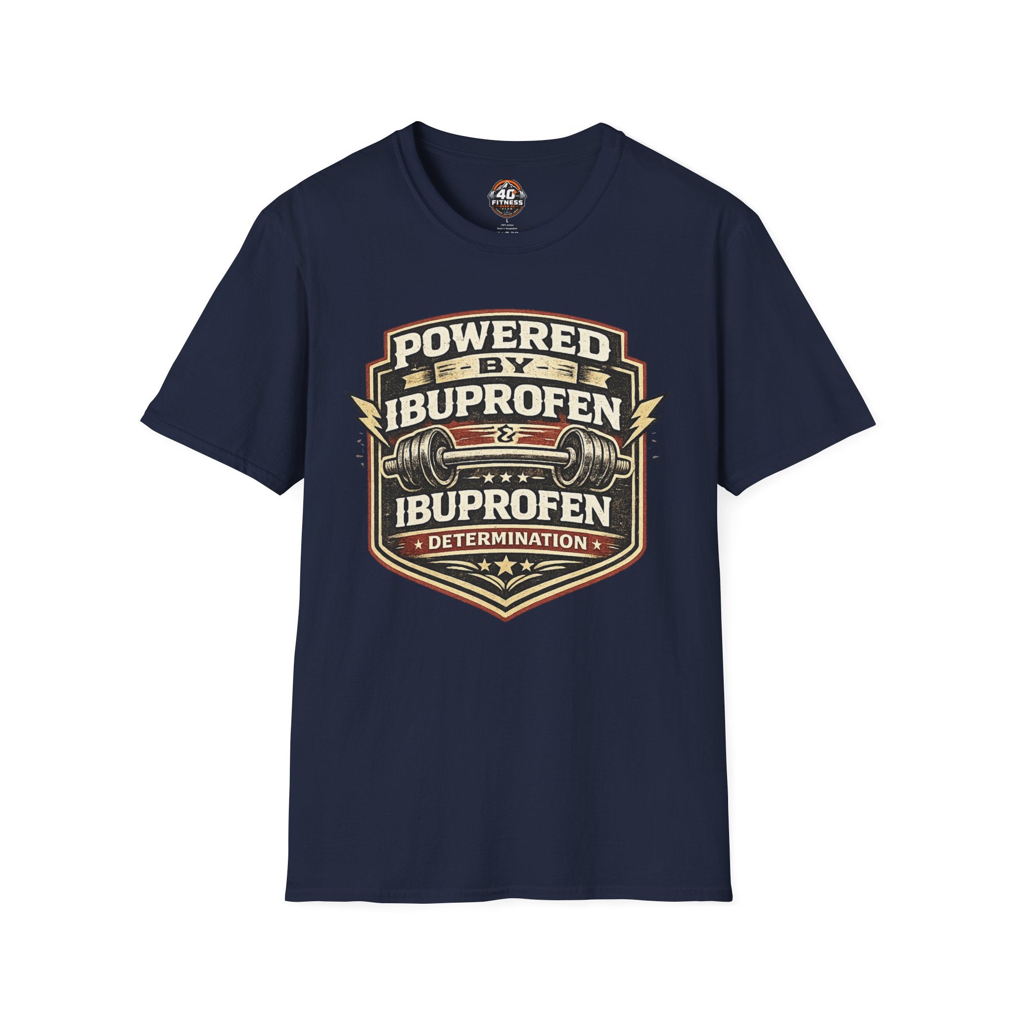 T-Shirt — "Powered by Ibuprofen" Funny Gym & Recovery Tee