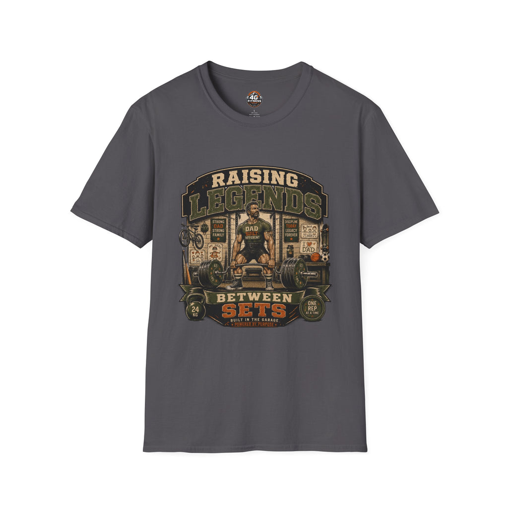 Raising Legends Dad Tee — "Raising Legends Between Sets" Vintage Gym Fatherhood T-Shirt