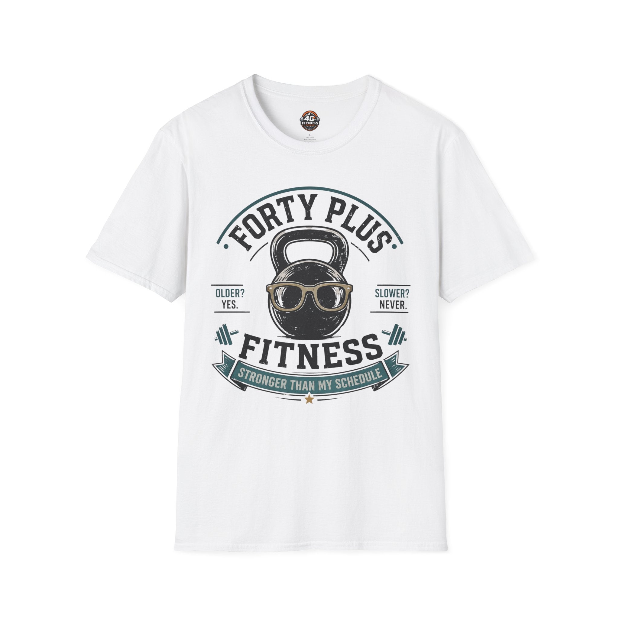 Forty Plus Fitness T-Shirt — Vintage Kettlebell 'Older? Yes. Slower? Never