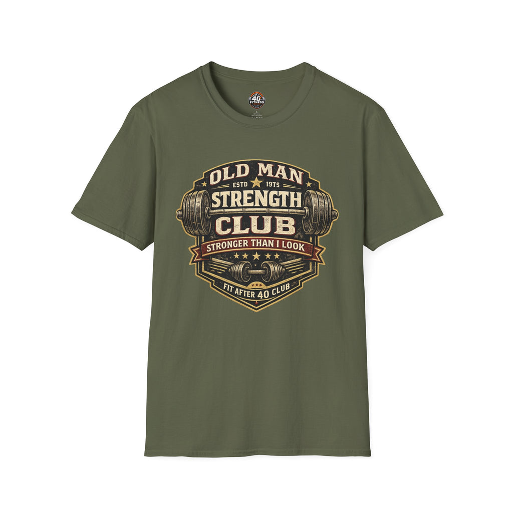 Old Man Strength Club T-Shirt — "Stronger Than I Look" Retro Gym Tee