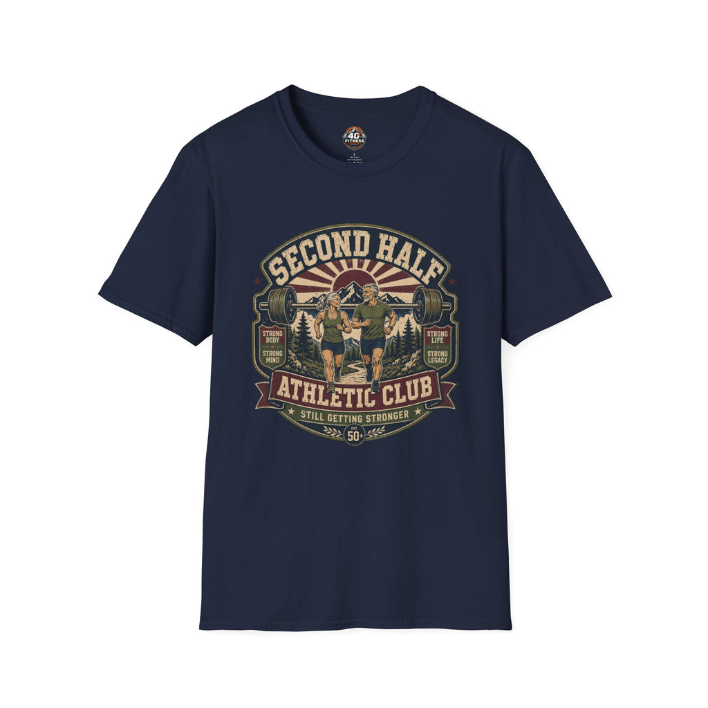 Second Half Athletic Club T-Shirt — Vintage Fitness Graphic Tee for Active Adults