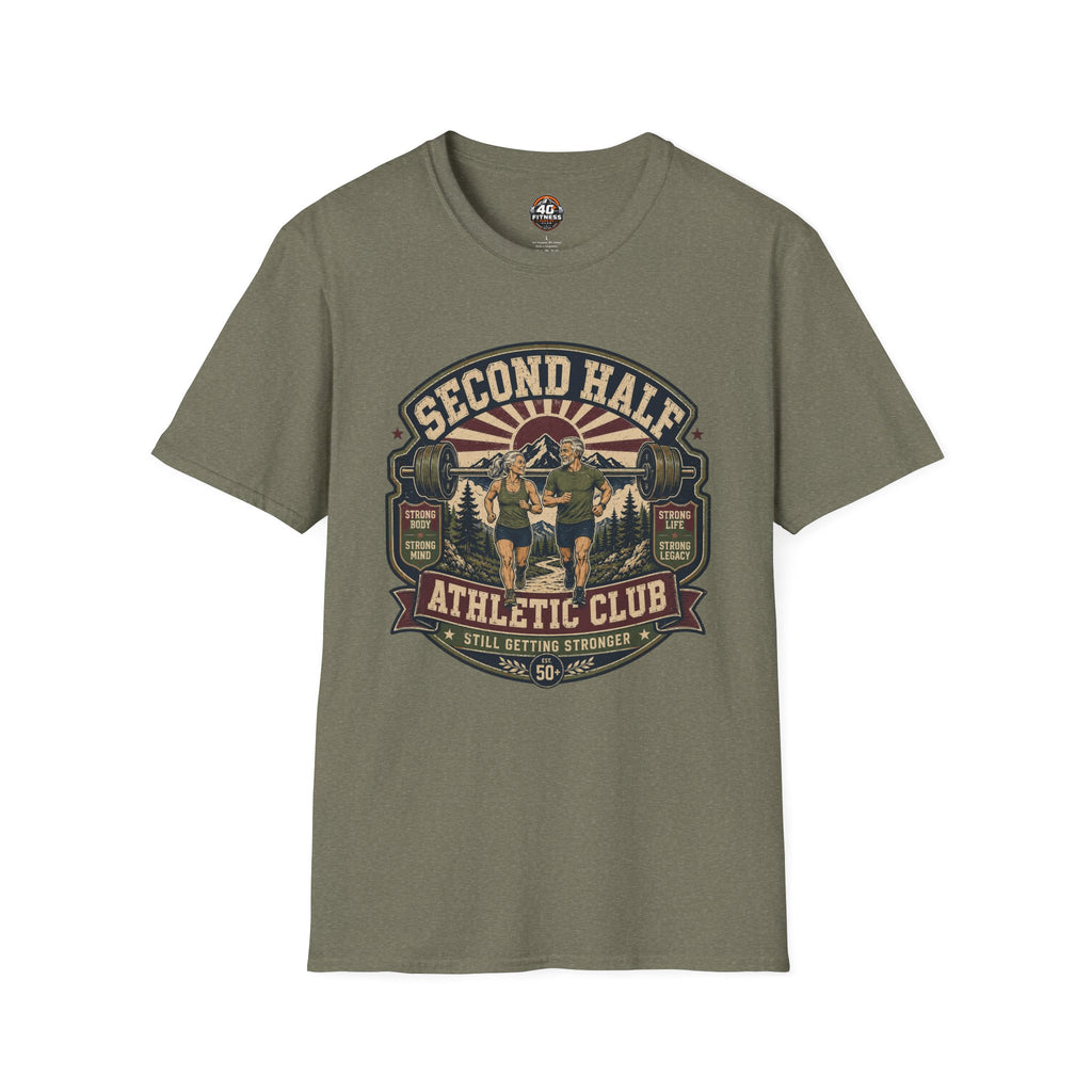 Second Half Athletic Club T-Shirt — Vintage Fitness Graphic Tee for Active Adults