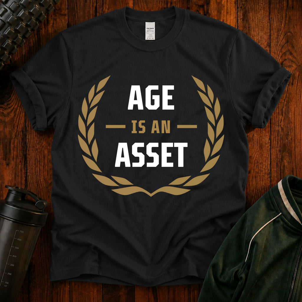 Age Is an Asset Fit After 40 graphic t-shirt celebrating healthy aging and lifelong fitness.