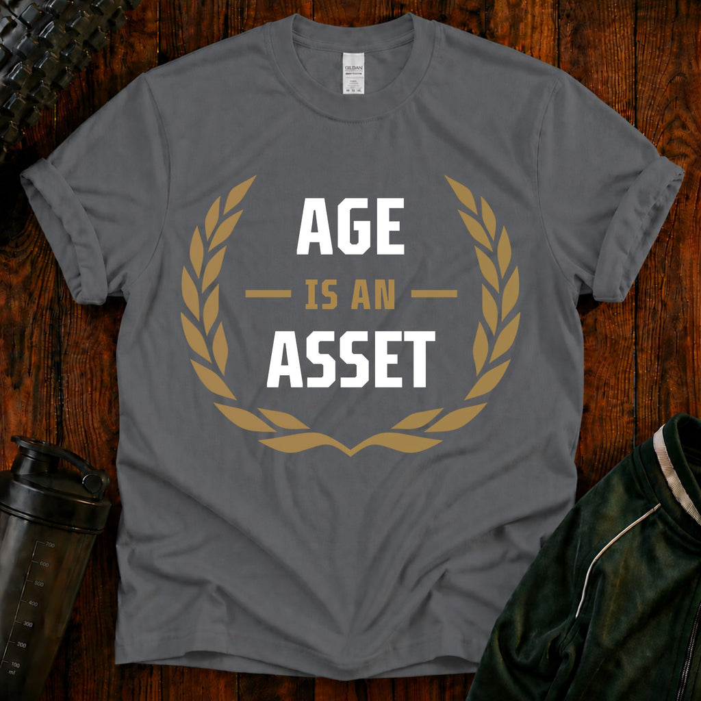 Age Is an Asset Fit After 40 graphic t-shirt celebrating healthy aging and lifelong fitness.