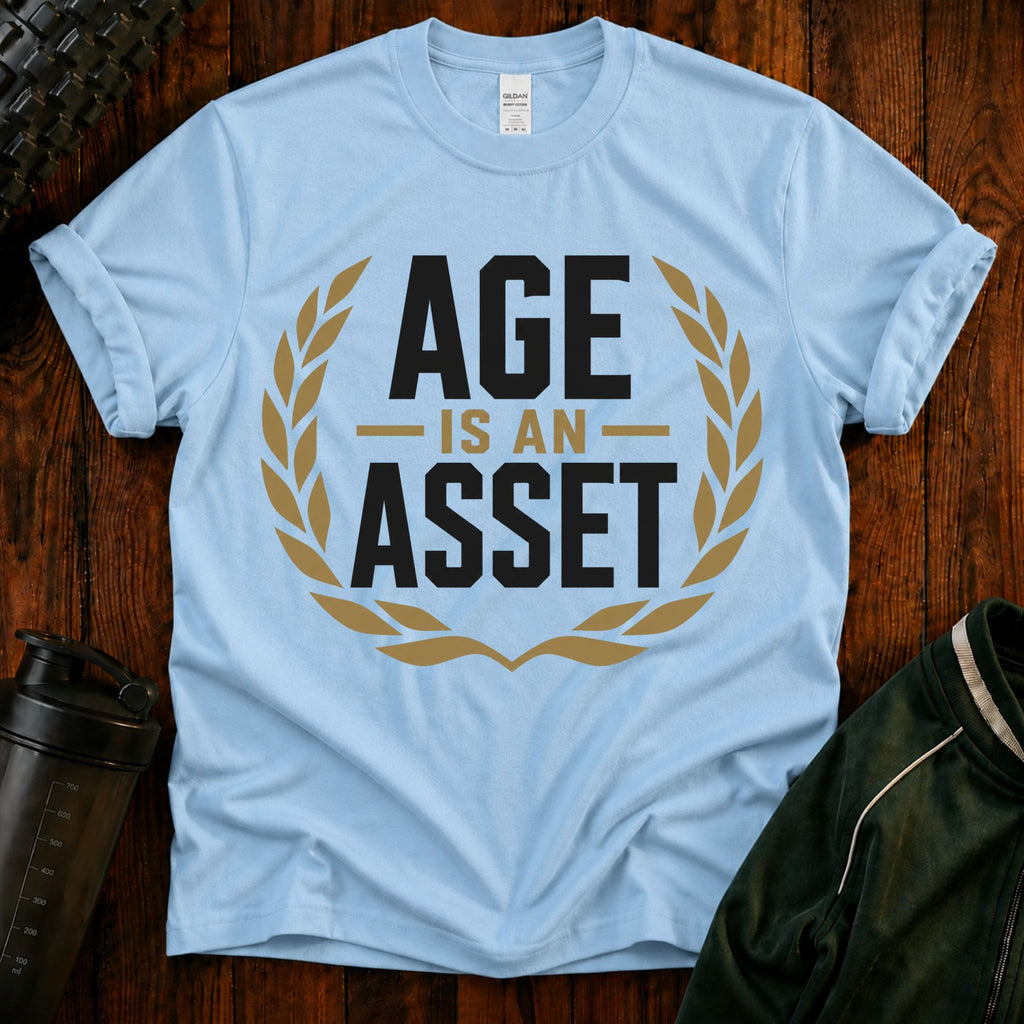Age Is an Asset Fit After 40 graphic t-shirt celebrating healthy aging and lifelong fitness.
