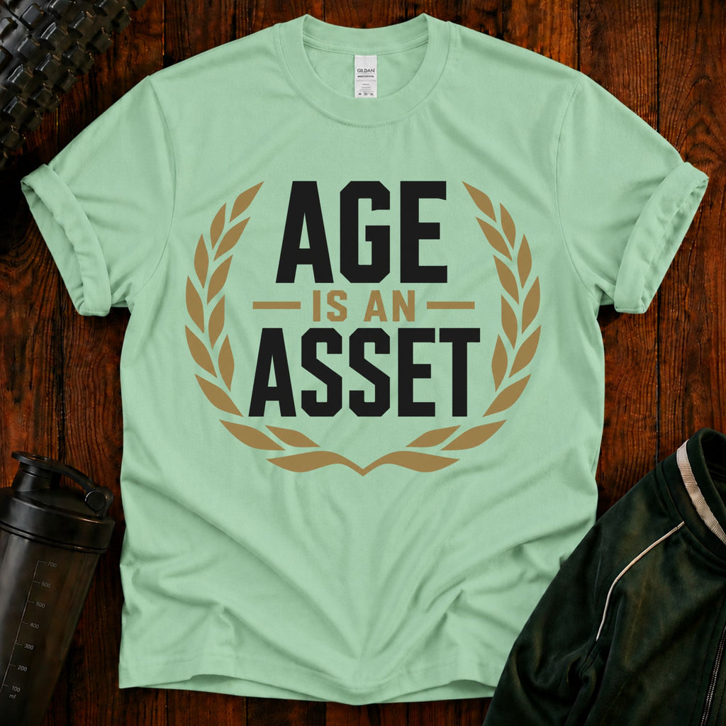 Age Is an Asset Fit After 40 graphic t-shirt celebrating healthy aging and lifelong fitness.