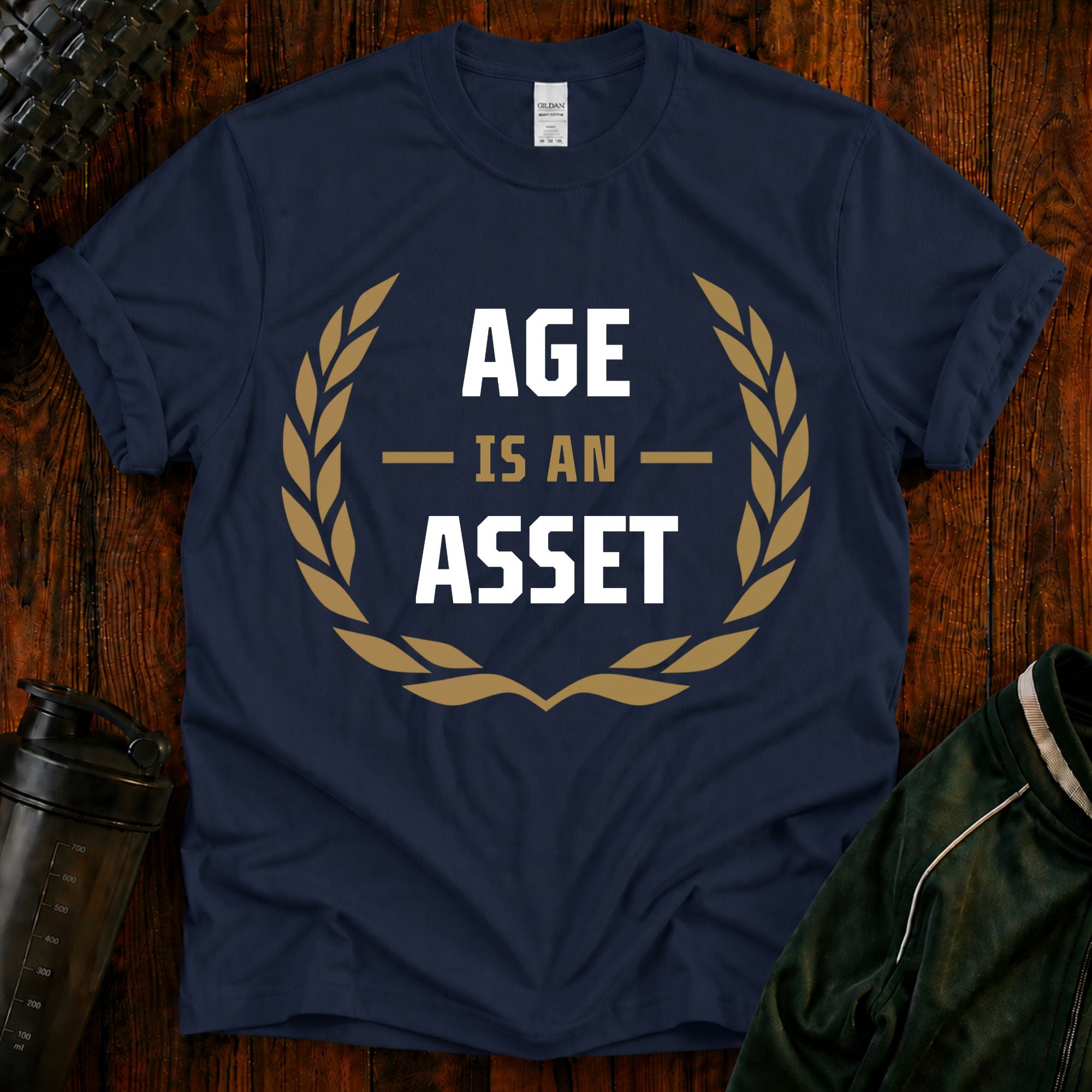 Age Is an Asset Fit After 40 graphic t-shirt celebrating healthy aging and lifelong fitness.