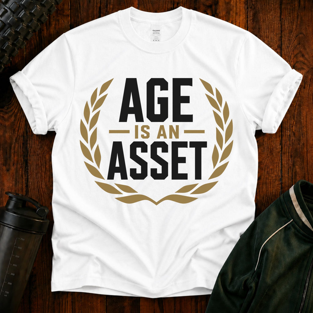 Age Is an Asset Fit After 40 graphic t-shirt celebrating healthy aging and lifelong fitness.