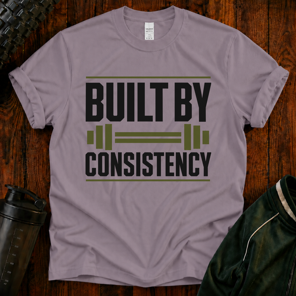 Built by Consistency Fit After 40 graphic fitness shirt for active adults over 40.