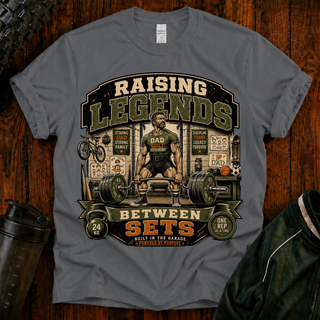 Raising Legends Dad Tee — "Raising Legends Between Sets" Vintage Gym Fatherhood T-Shirt