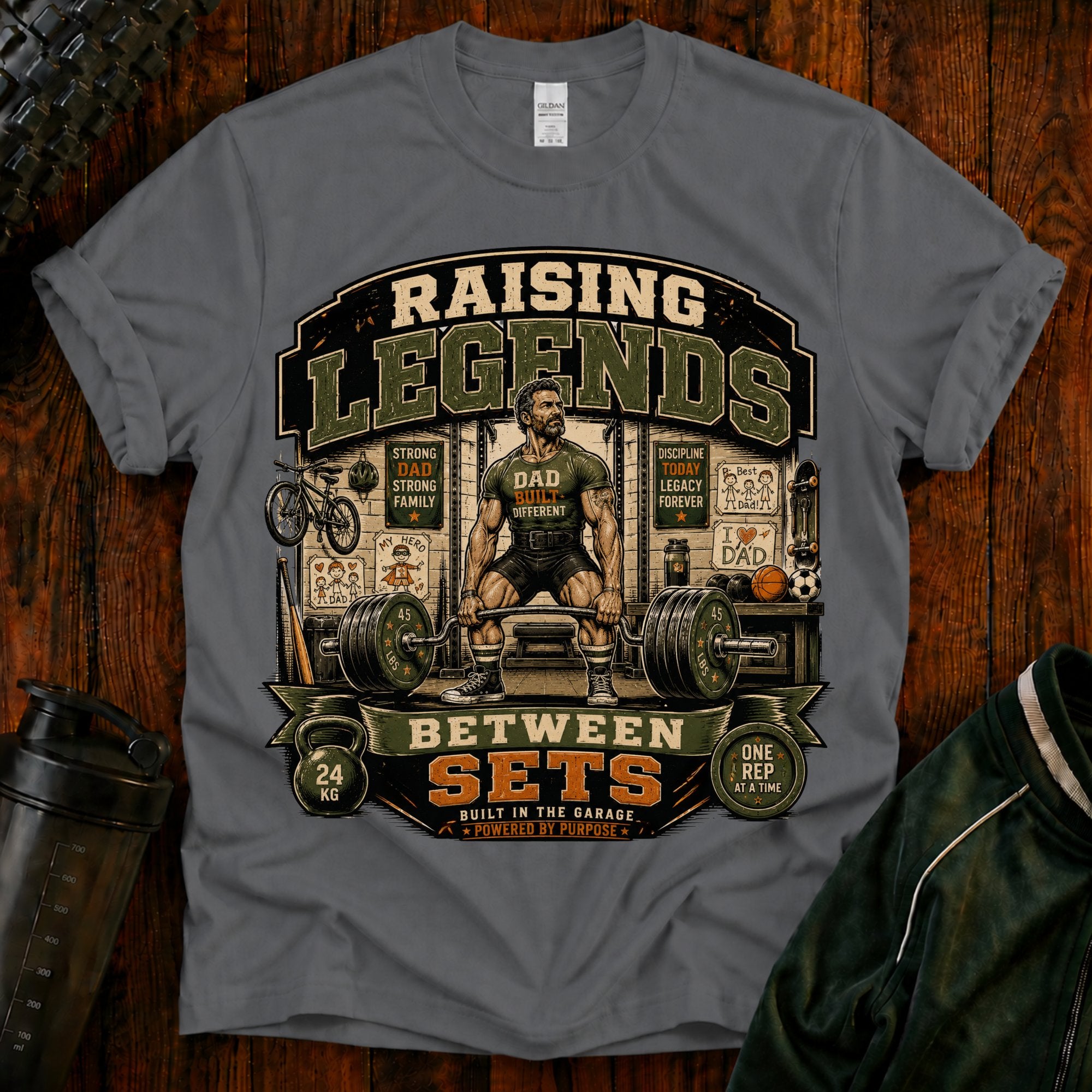 Raising Legends Dad Tee — "Raising Legends Between Sets" Vintage Gym Fatherhood T-Shirt