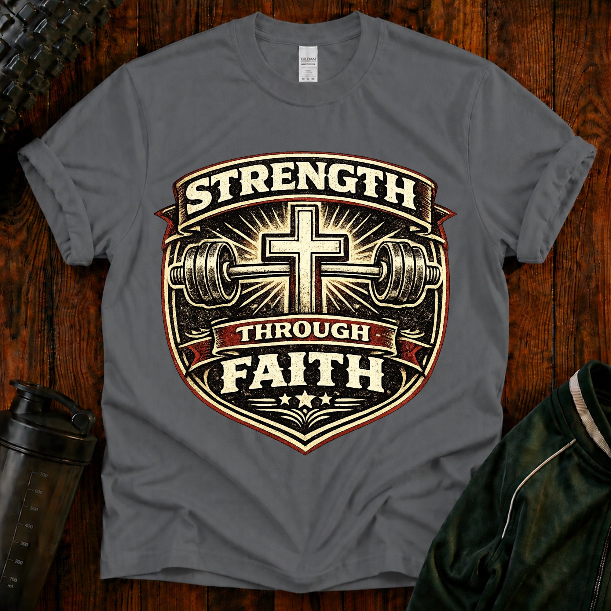 Strength Through Faith T-Shirt — Christian Weightlifting Cross Tee