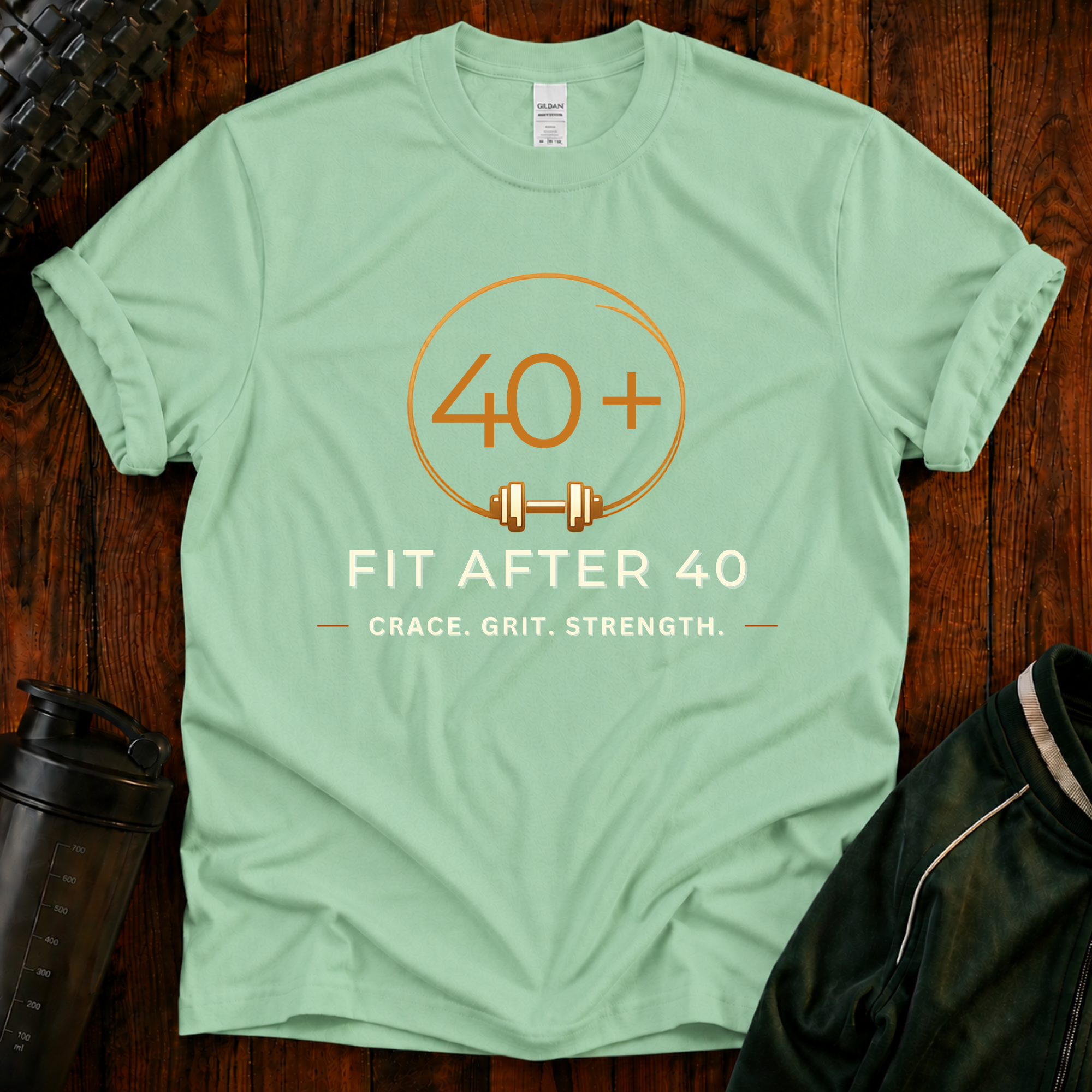 Fit After 40 Shirt featuring Grace Grit Strength design on a mint green premium cotton t-shirt.