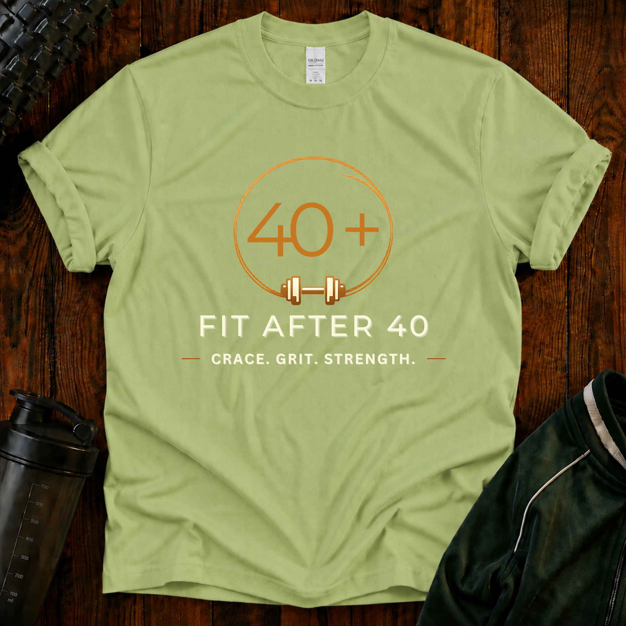 Fit After 40 Shirt featuring Grace Grit Strength design on a pistachio premium cotton t-shirt.