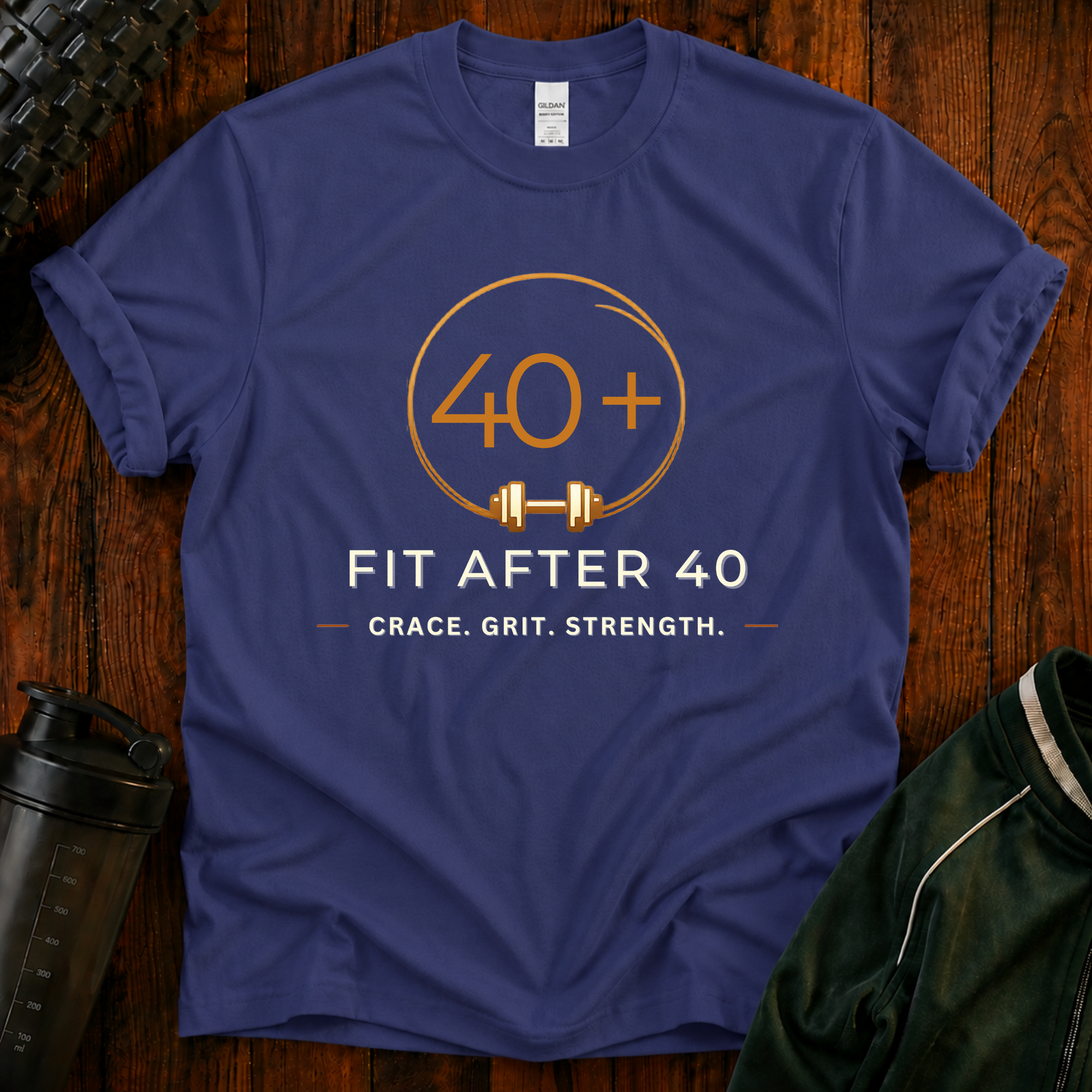 Fit After 40 Shirt featuring Grace Grit Strength design on a stone blue premium cotton t-shirt.