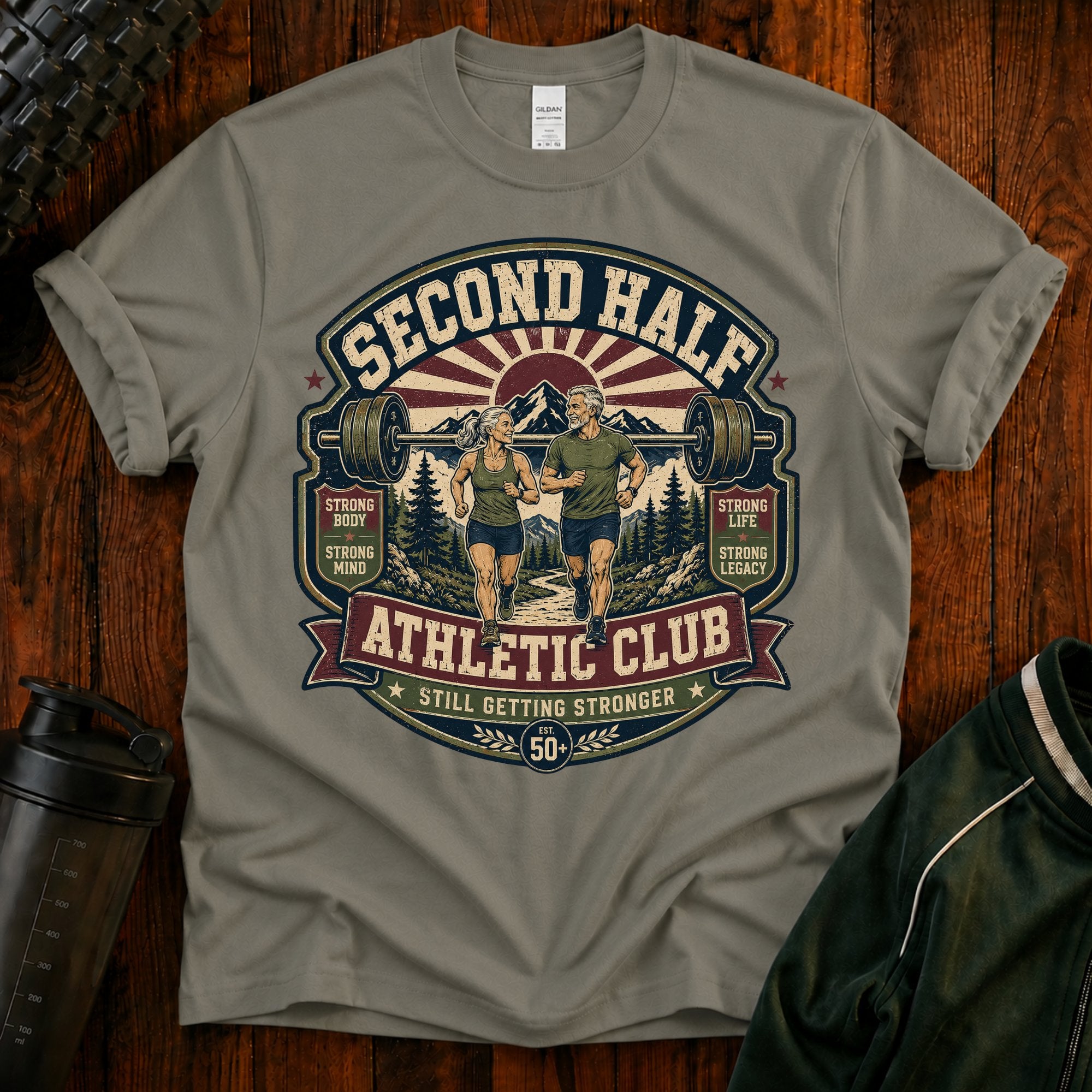 Second Half Athletic Club T-Shirt — Vintage Fitness Graphic Tee for Active Adults