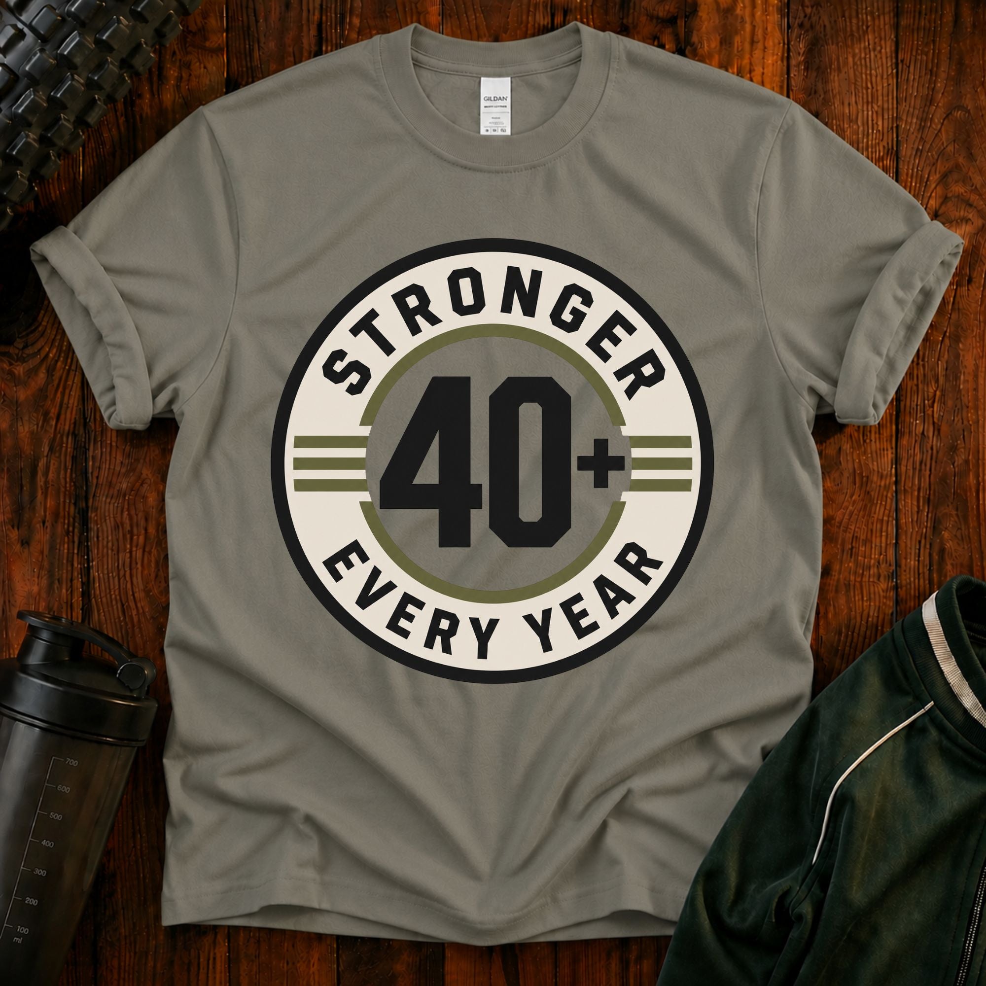 Stronger Every Year 40+ T-Shirt Heather Military Green — POD Gym Shirt