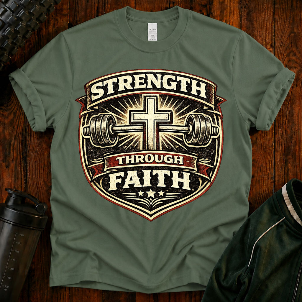 Strength Through Faith T-Shirt — Christian Weightlifting Cross Tee