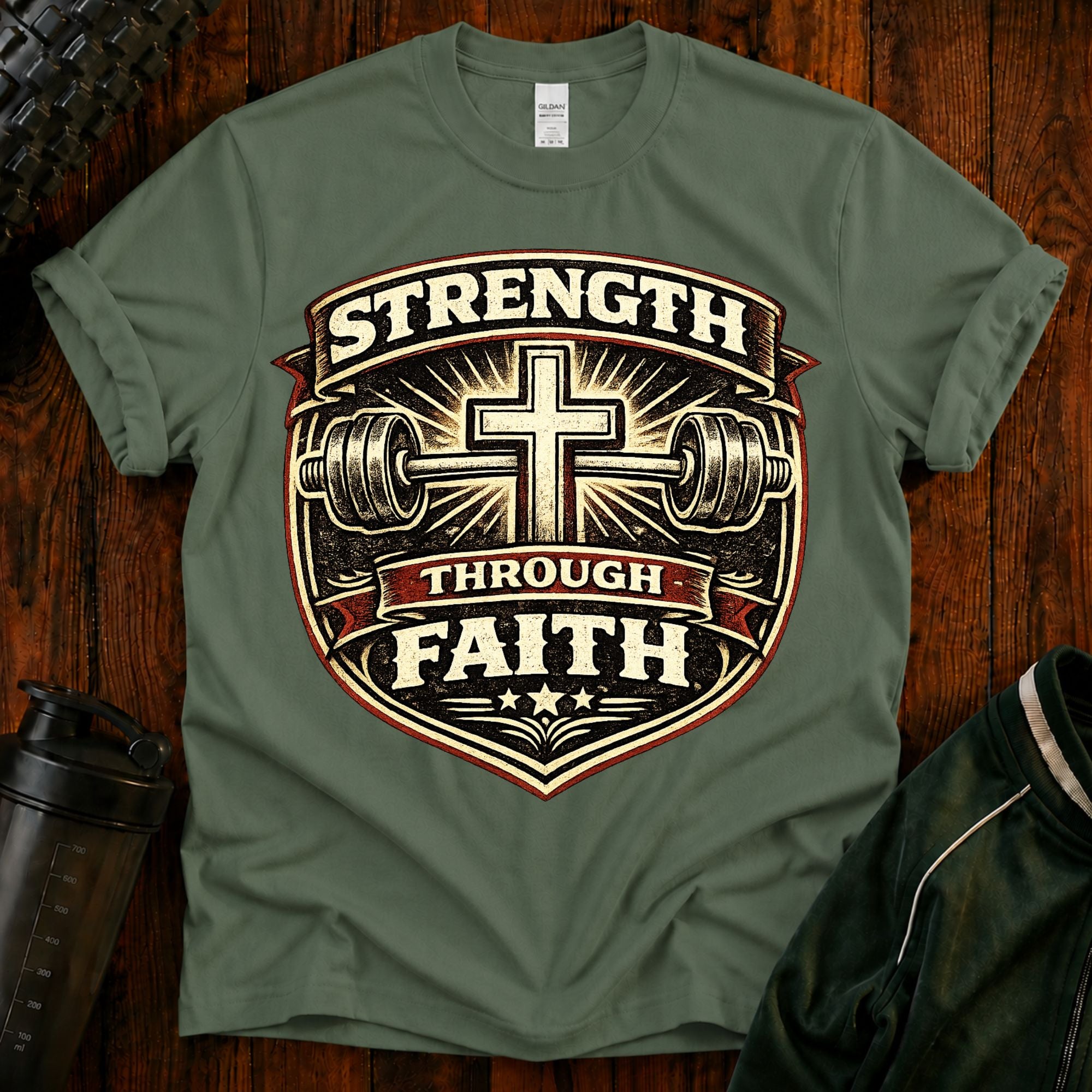 Strength Through Faith T-Shirt — Christian Weightlifting Cross Tee