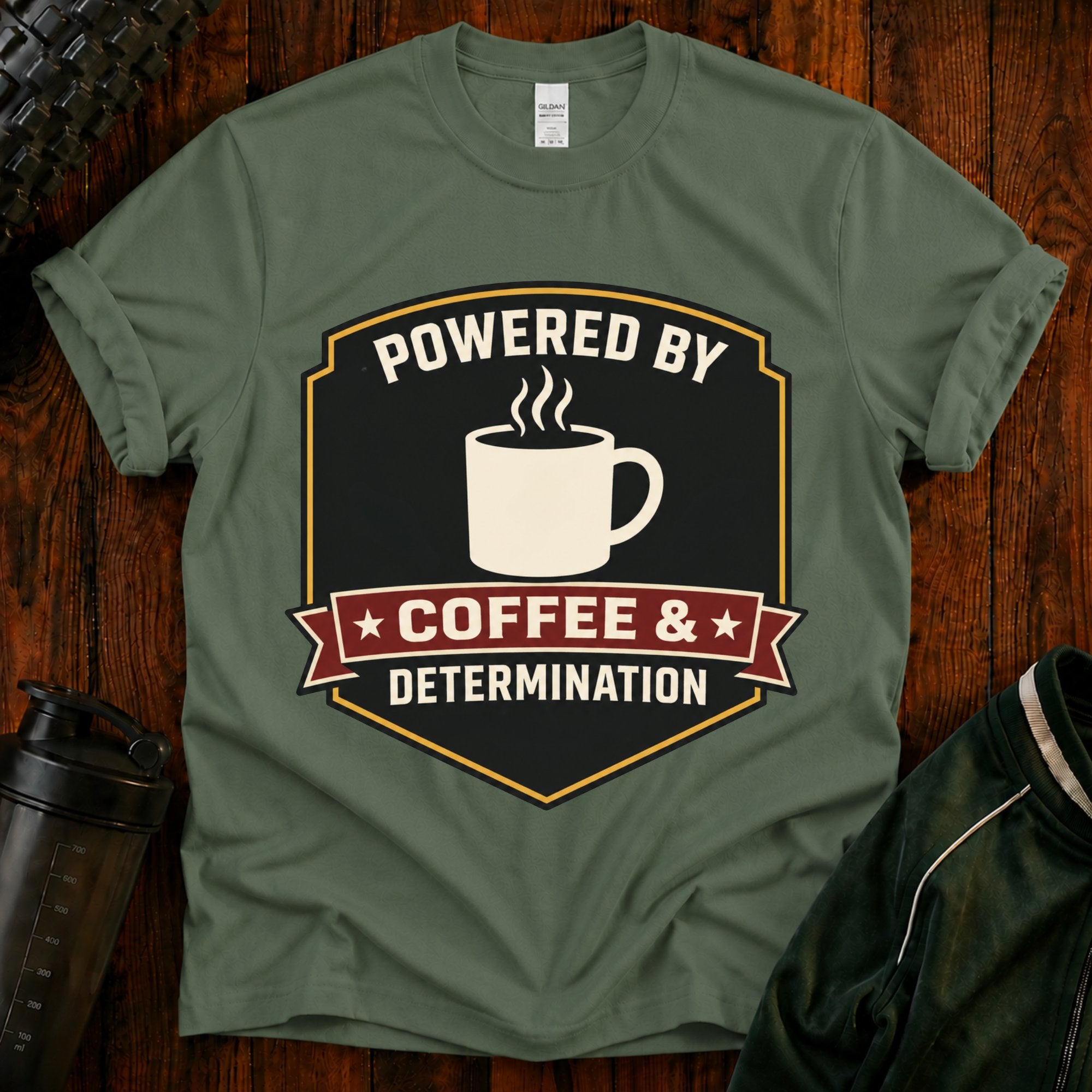 Coffee T‑Shirt — “Powered By Coffee & Determination”
